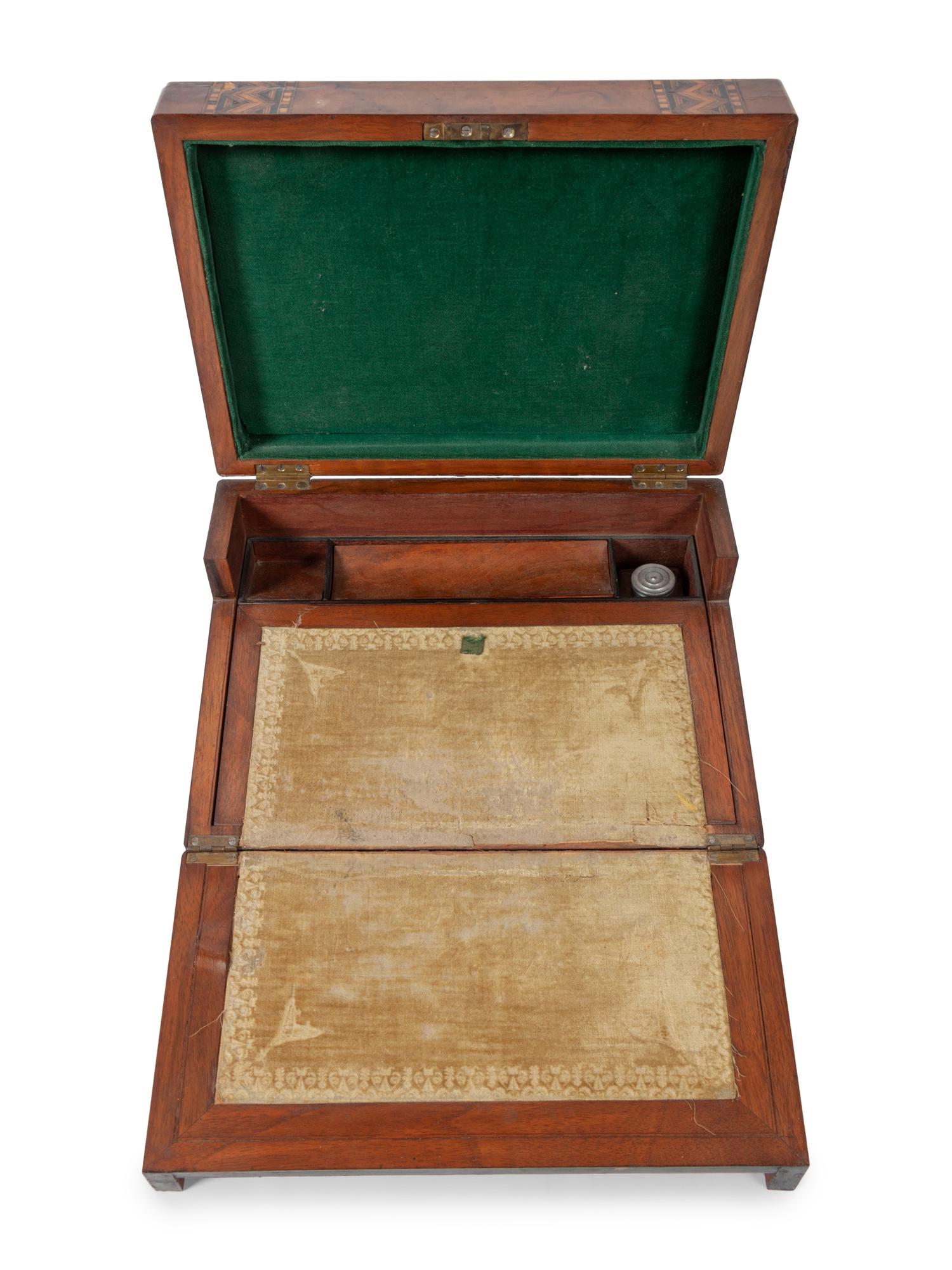 A Regency Parquetry and Mother-of-Pearl Inlaid Walnut Writing Box