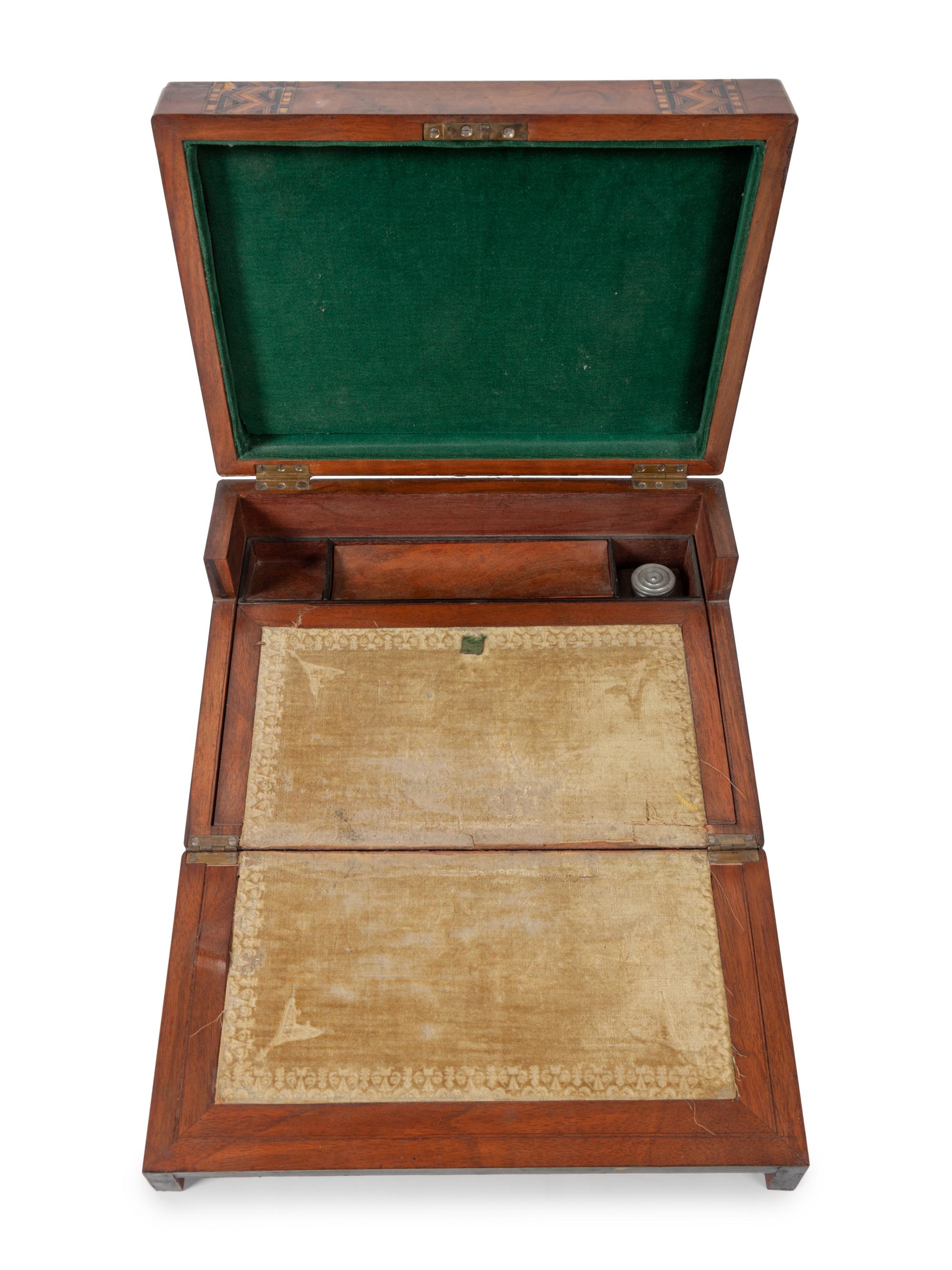 A Regency Parquetry and Mother-of-Pearl Inlaid Walnut Writing Box