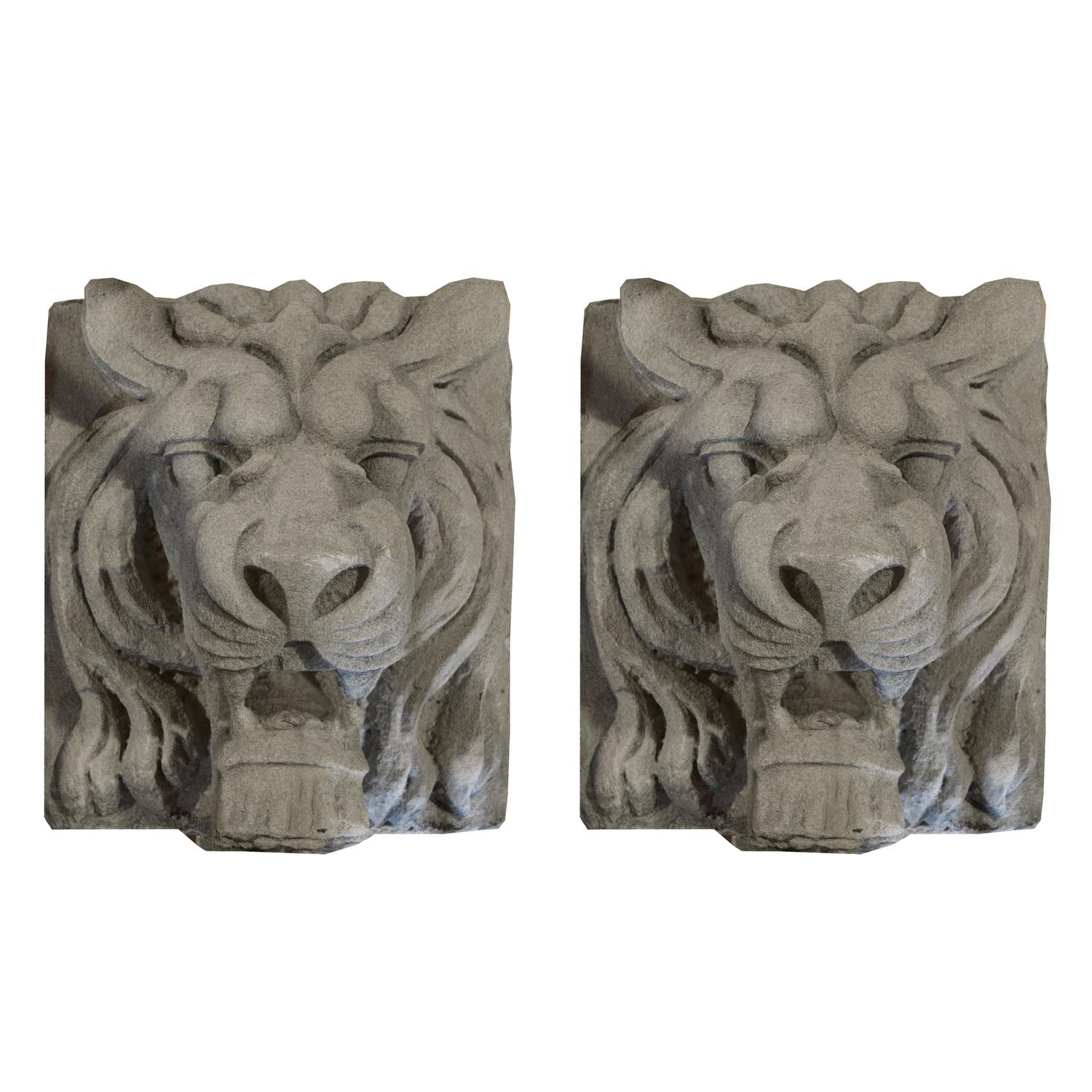A Pair of American Carved Limestone Lion Heads 20" W x 23" D x 22.5" H — United States, Circa 1900