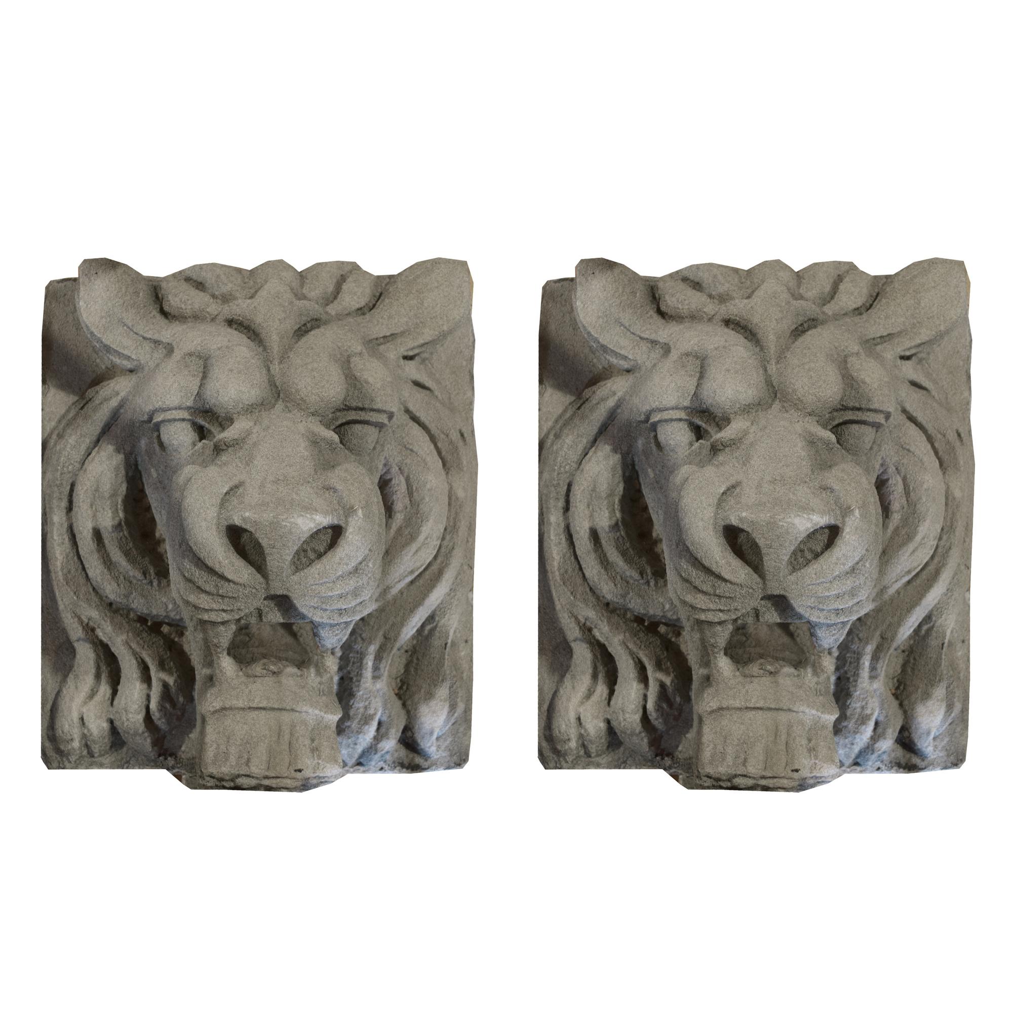 A Pair of American Carved Limestone Lion Heads 20" W x 23" D x 22.5" H — United States, Circa 1900