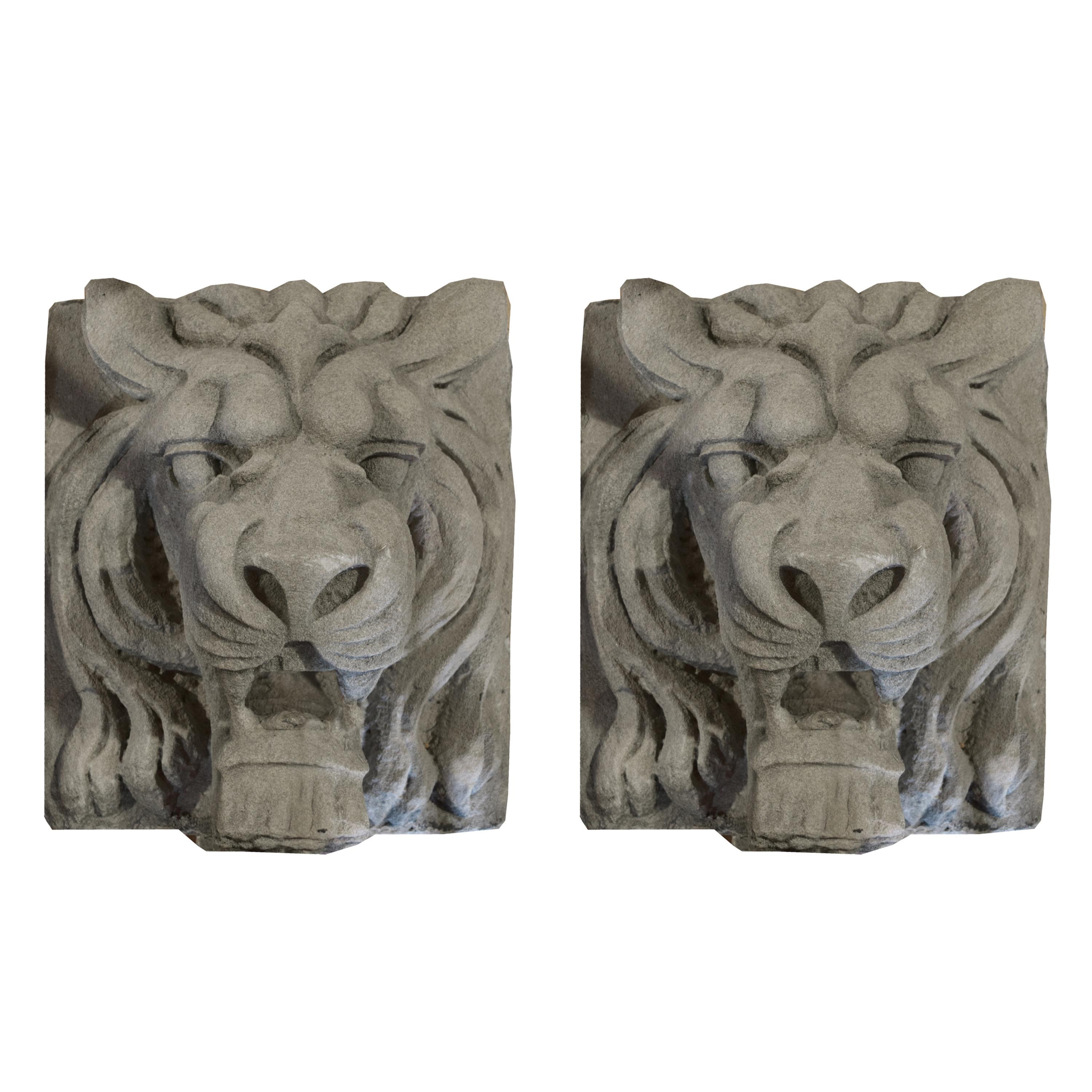 A Pair of American Carved Limestone Lion Heads 20" W x 23" D x 22.5" H — United States, Circa 1900