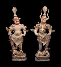A Pair of Chinese Painted Pottery Figures of Guardians