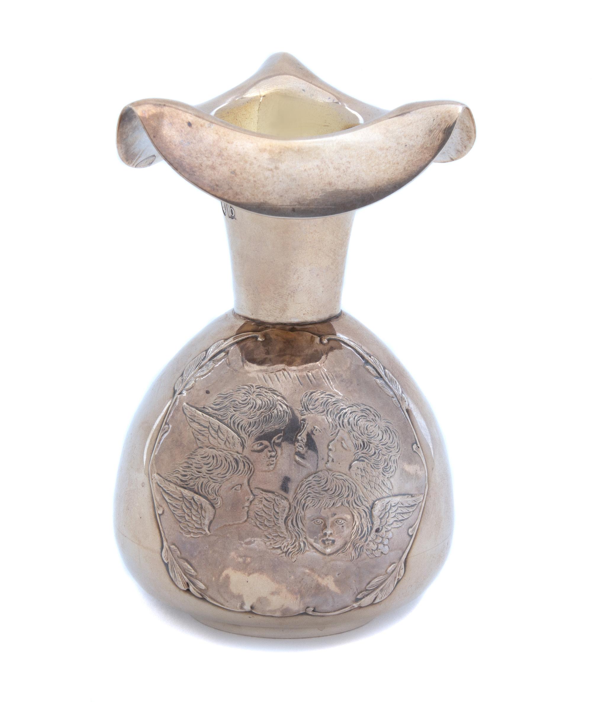 An English Silver Bud Vase, William Comyns & Sons, London, 1897, having a panel featuring Reynold's Angels, with a vermeil interior