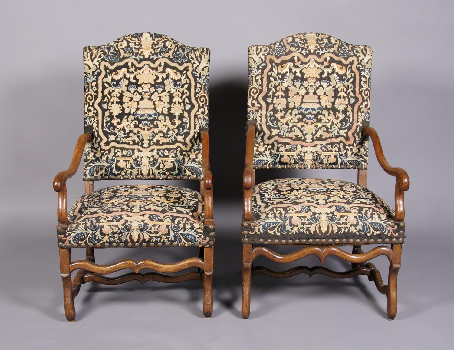 A Pair of Louis XIII Style Armchairs, Height 43 1/2 x width 25 1/2 x depth 22 1/2 inches.