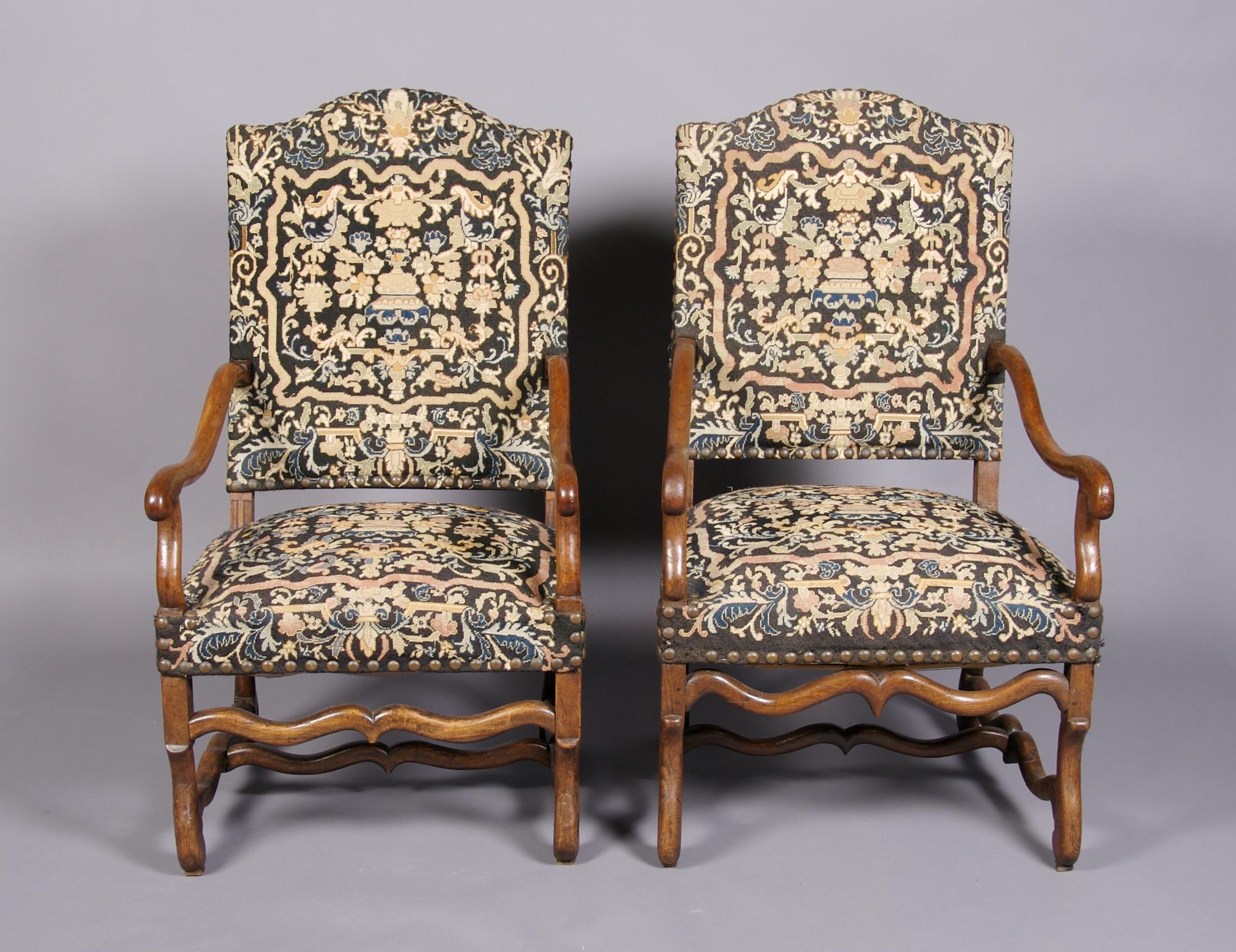 A Pair of Louis XIII Style Armchairs, Height 43 1/2 x width 25 1/2 x depth 22 1/2 inches.