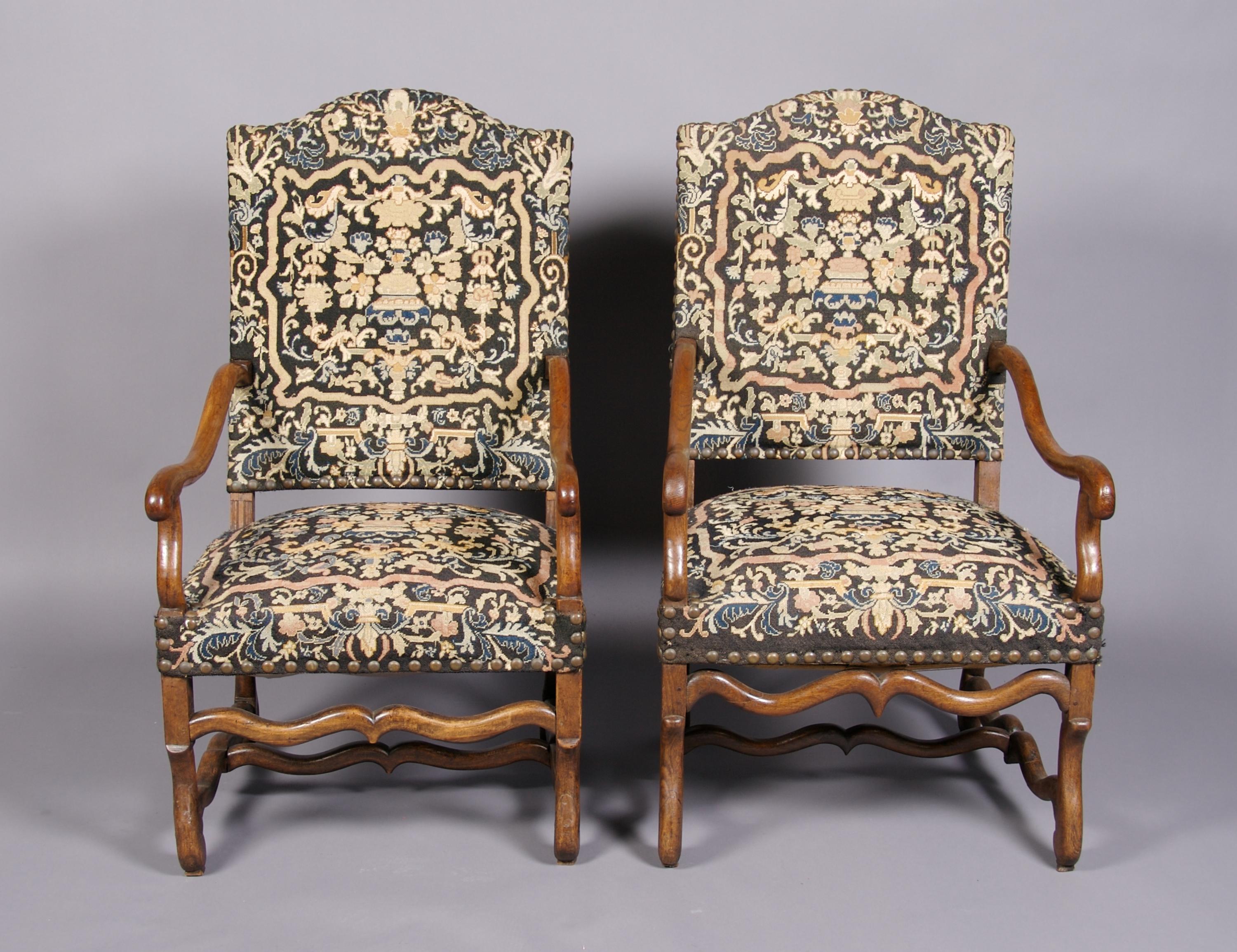 A Pair of Louis XIII Style Armchairs, Height 43 1/2 x width 25 1/2 x depth 22 1/2 inches.