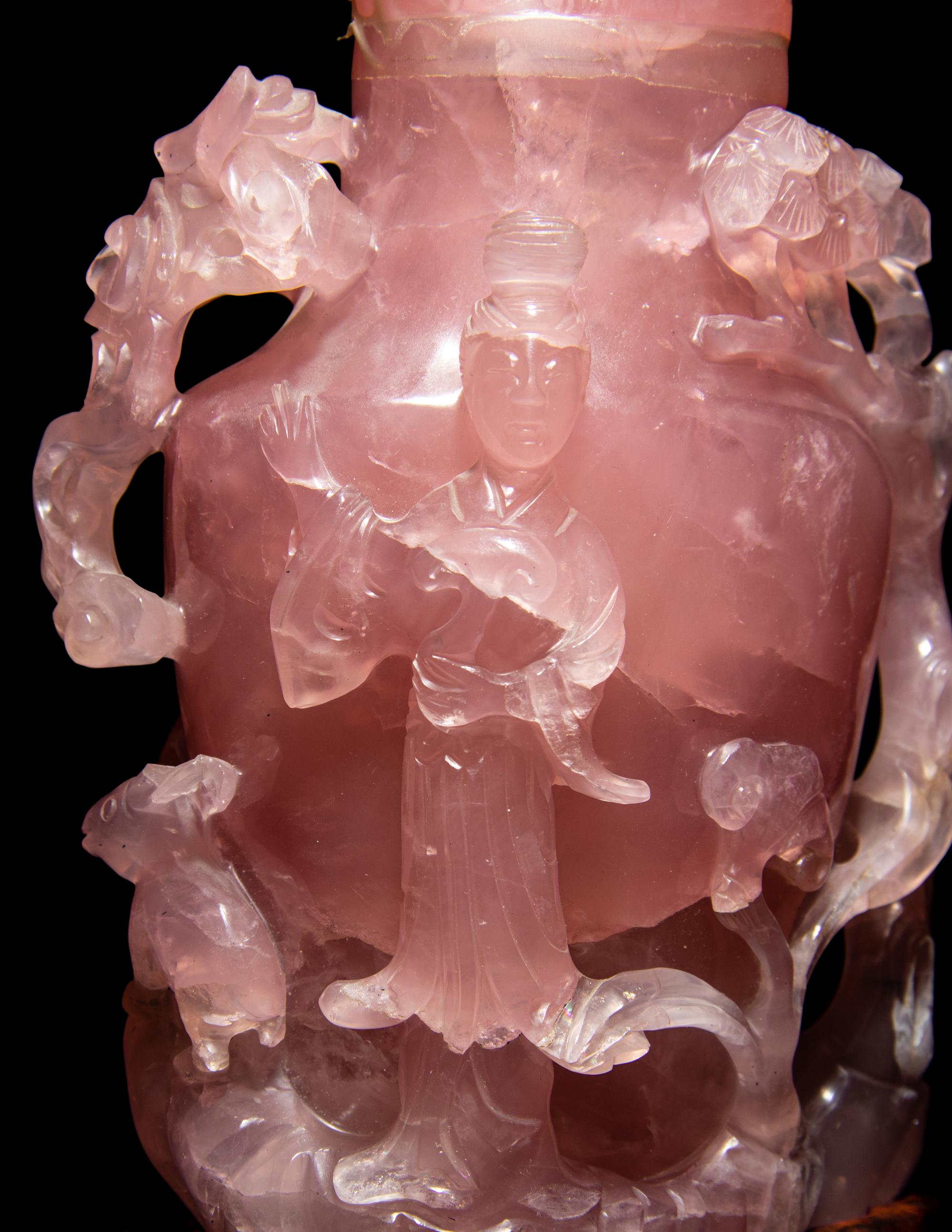 A Chinese Carved Rose Quartz Covered Vase