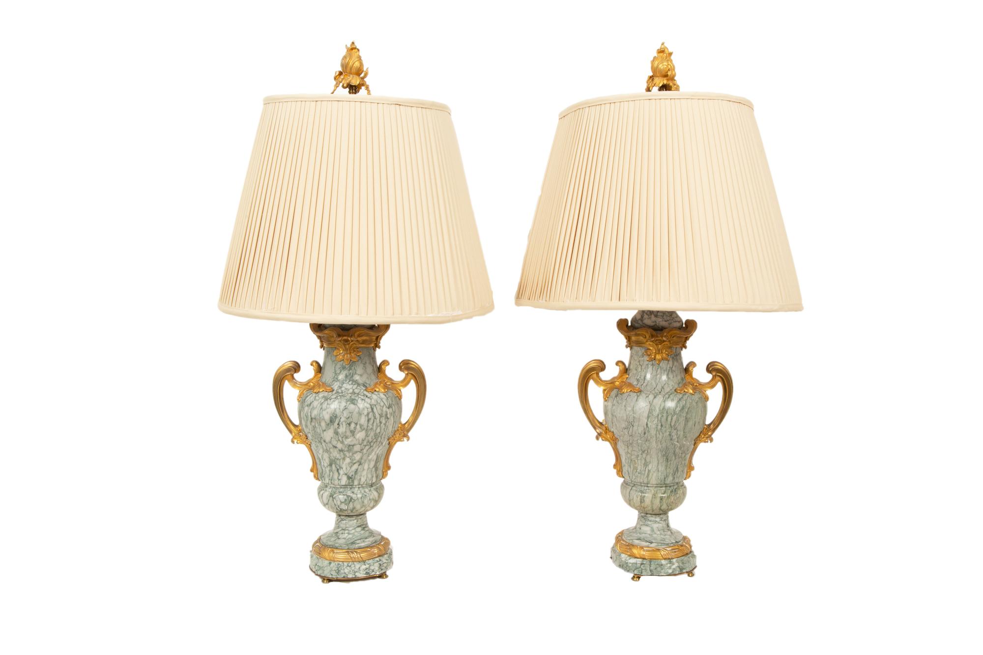 A Pair of Louis XV Style Gilt Bronze Mounted Marble Urns Mounted as Lamps