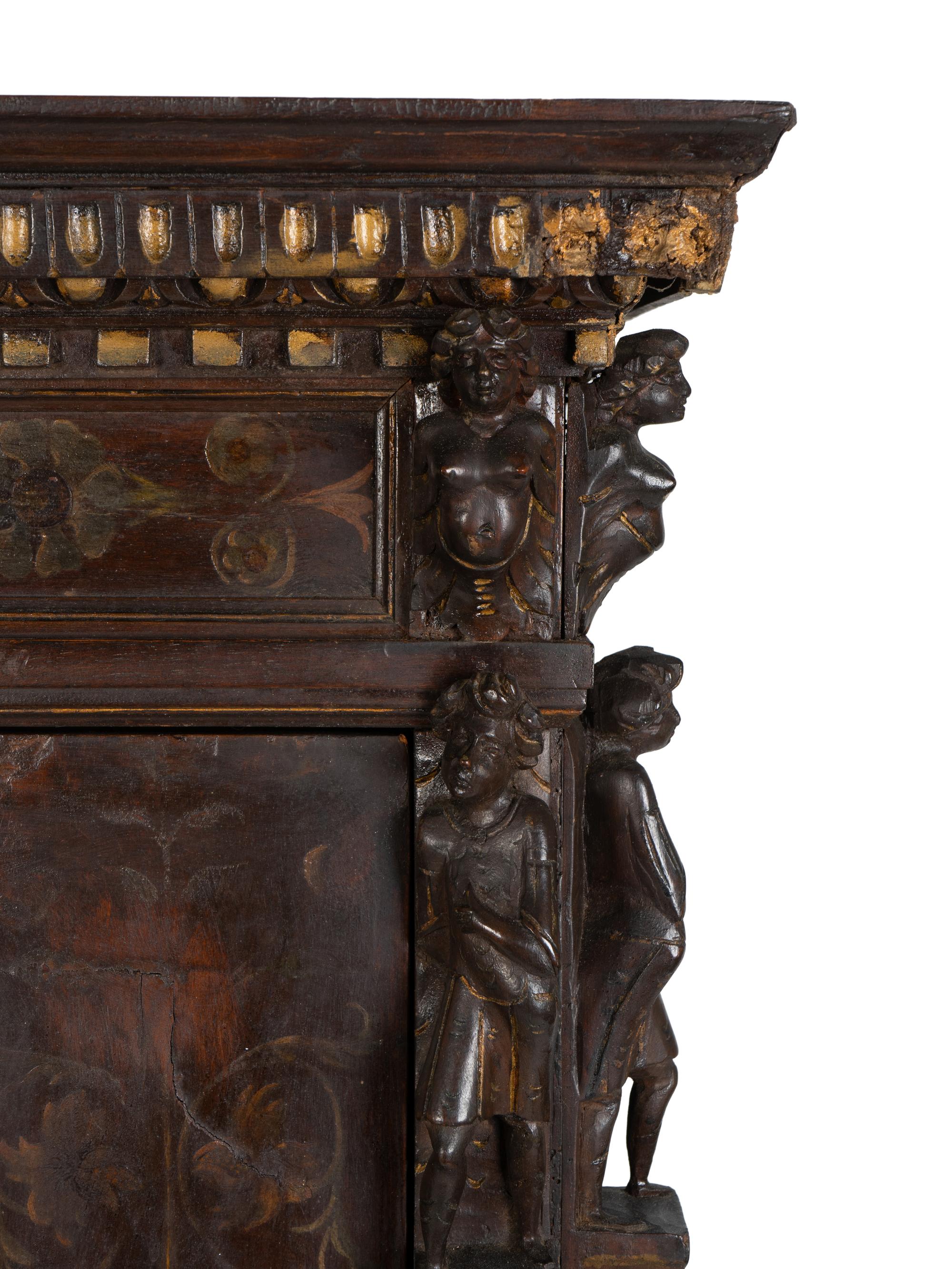 A Spanish Colonial Style Carved Oak and Painted Vargueno Cabinet on Base — 19TH CENTURY