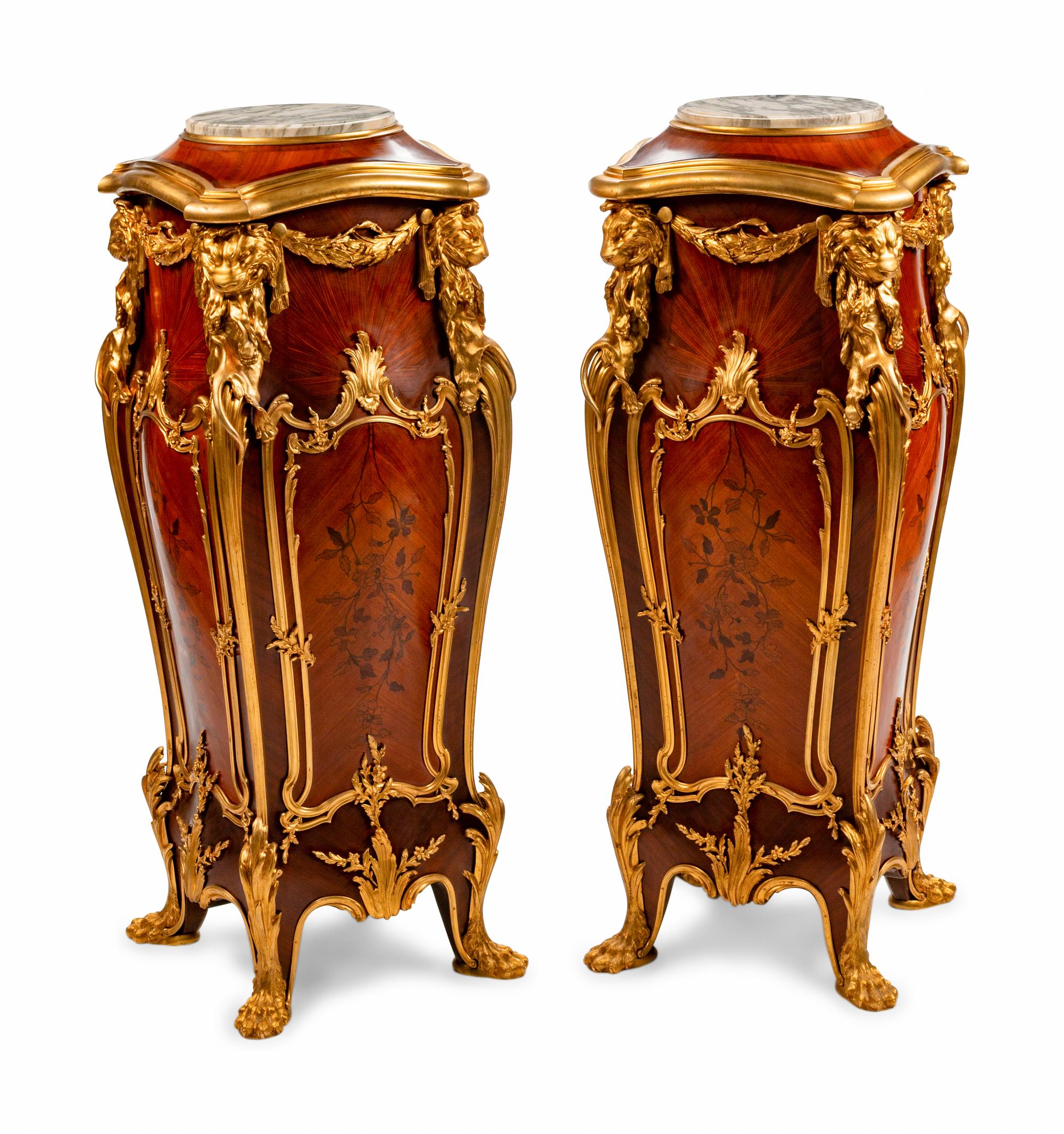A Pair of Louis XV Style Gilt-Bronze-Mounted Marquetry Pedestals — AFTER A MODEL BY EMMANUEL ZWIENER, 20TH CENTURY