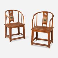 A pair of Chinese marble-inset hardwood continuous back armchairs 硬木嵌大理石圈椅一对