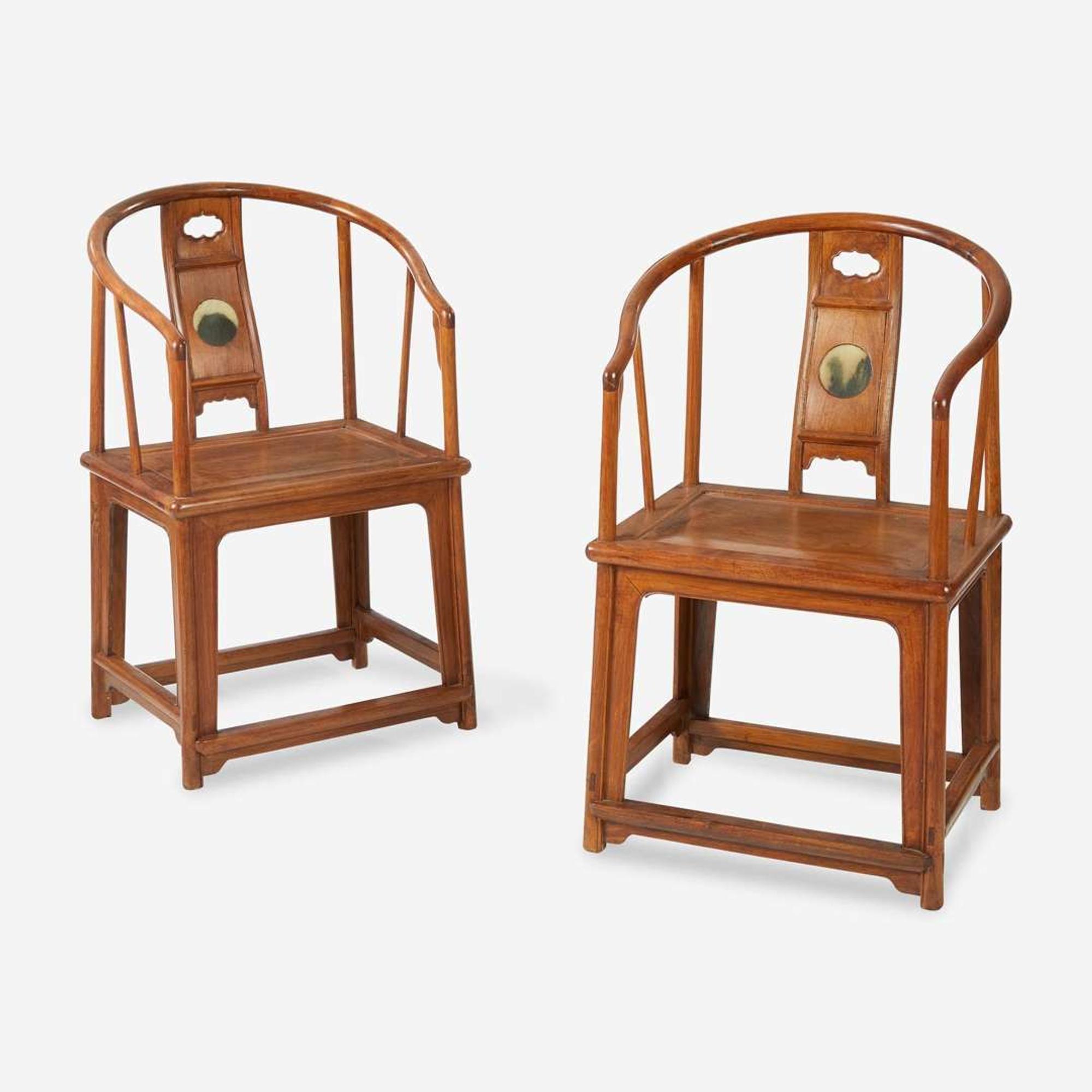 A pair of Chinese marble-inset hardwood continuous back armchairs 硬木嵌大理石圈椅一对
