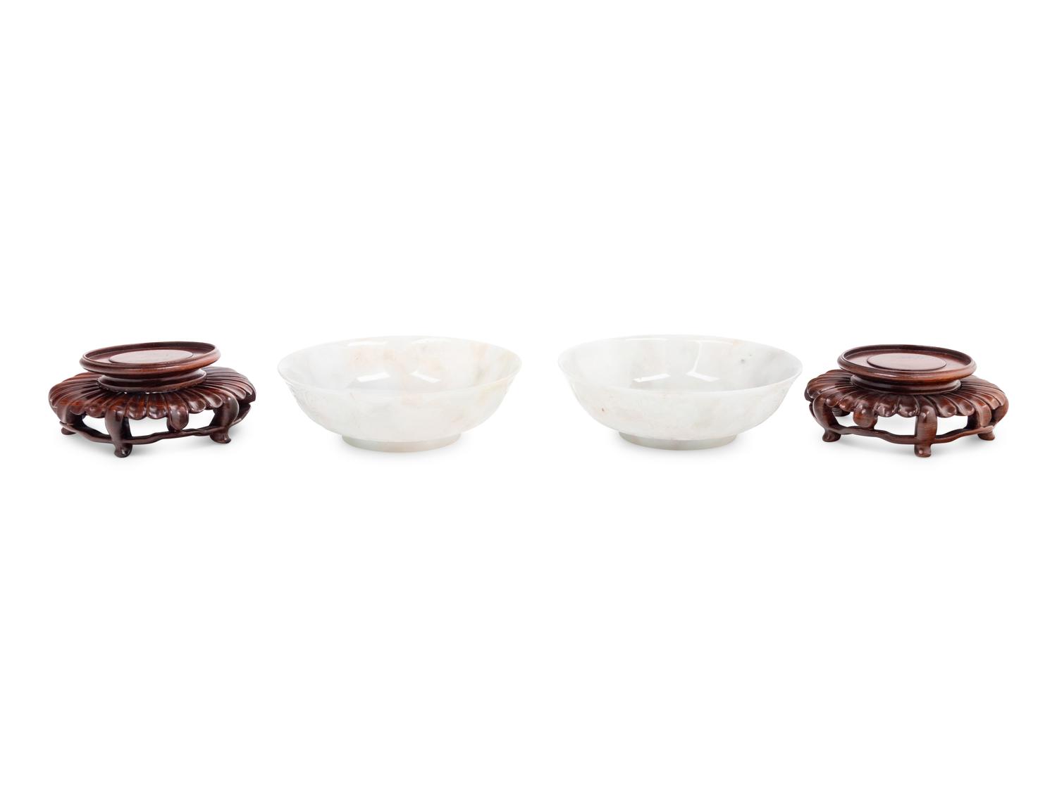 A Pair of Chinese White Jadeite 'Lotus' Bowls