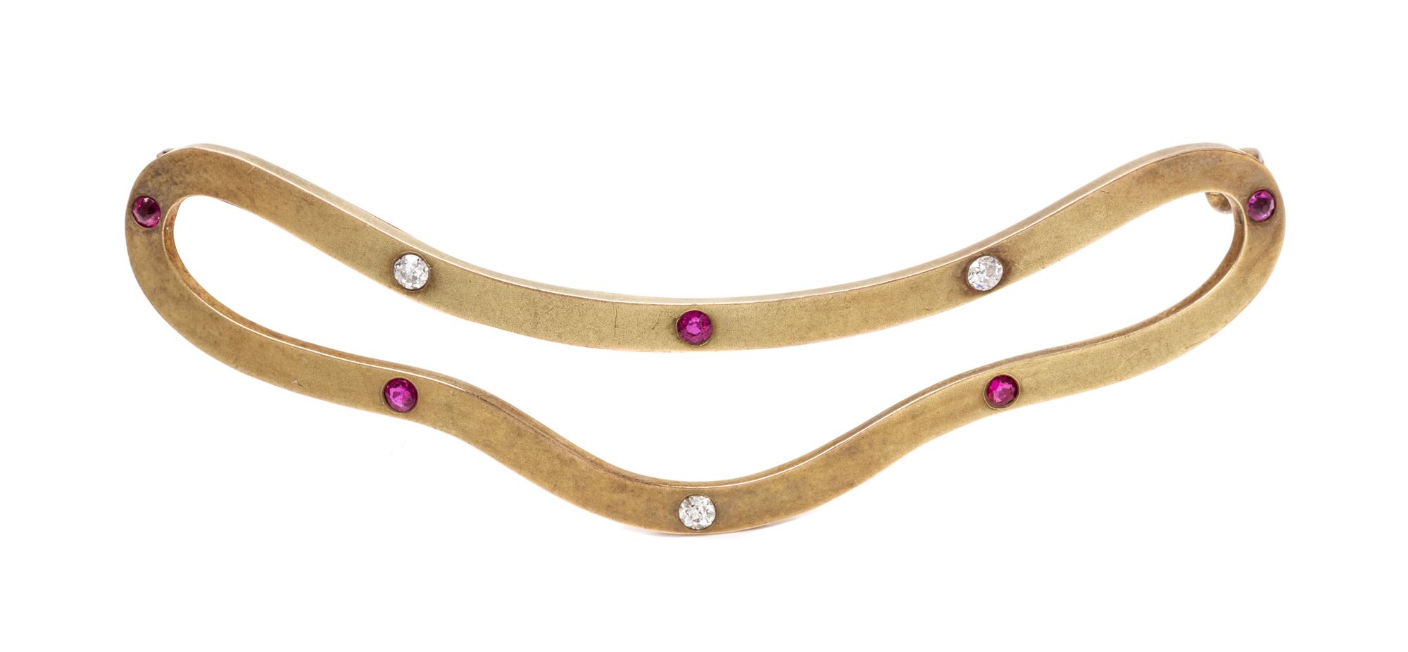 An Antique 14 Karat Yellow Gold, Ruby and Diamond Hair Barrette, Riker Brothers, 5.80 dwts.