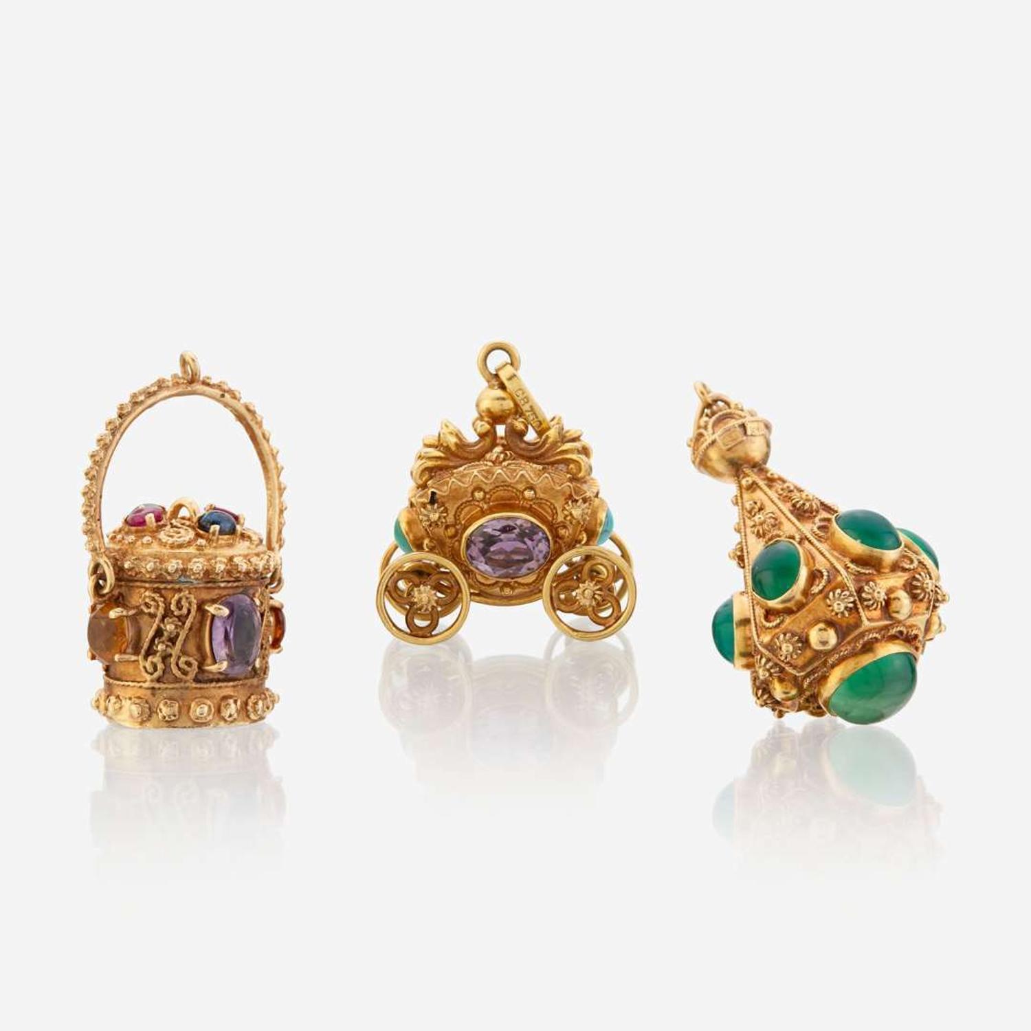 A collection of gold gem-set fobs Etruscan revival