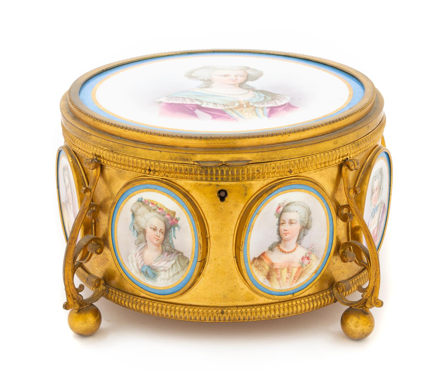 A Sevres Style Porcelain Mounted Gilt Metal Box Diameter 6 3/4 inches. — 19TH CENTURY