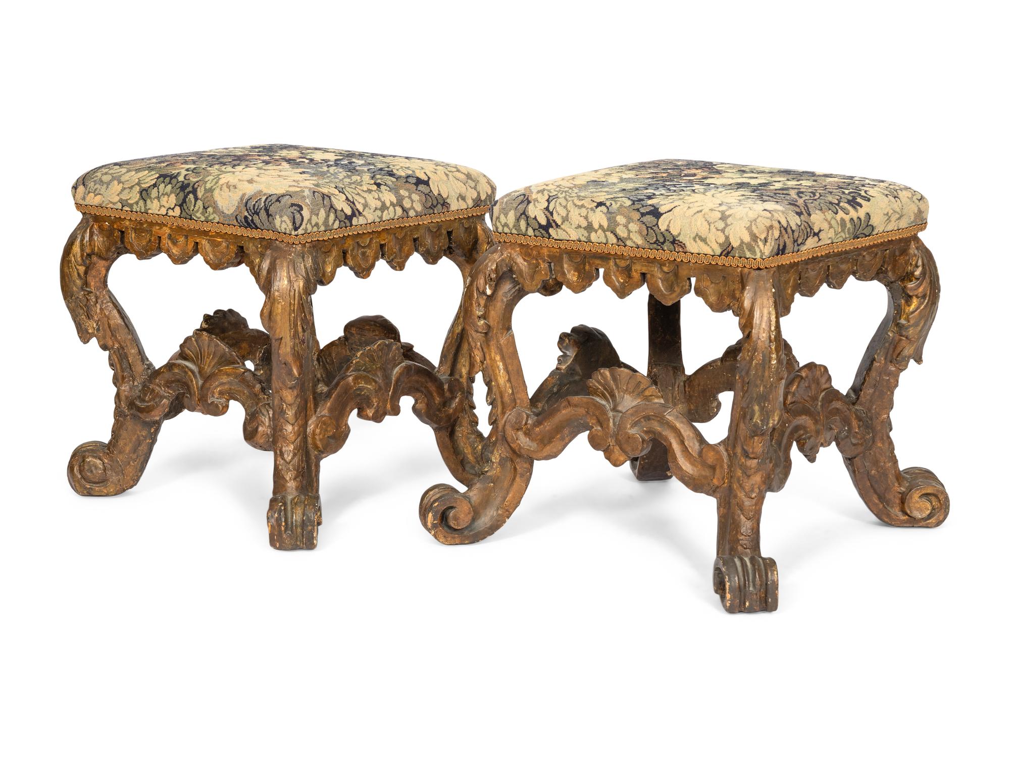 A Pair of Continental Baroque Carved Tabourets