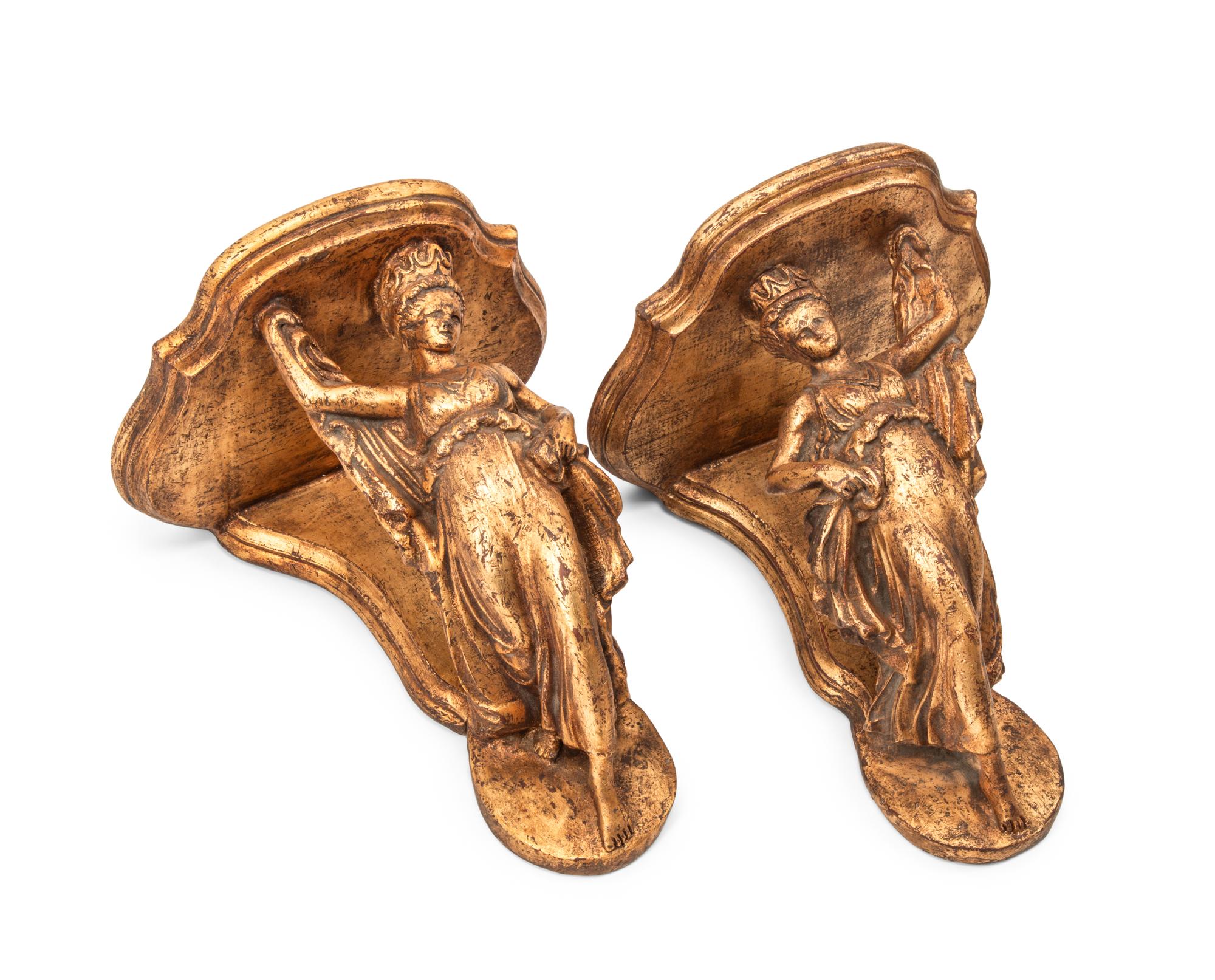 A Set of Four Italian Carved Giltwood Figural Wall Brackets