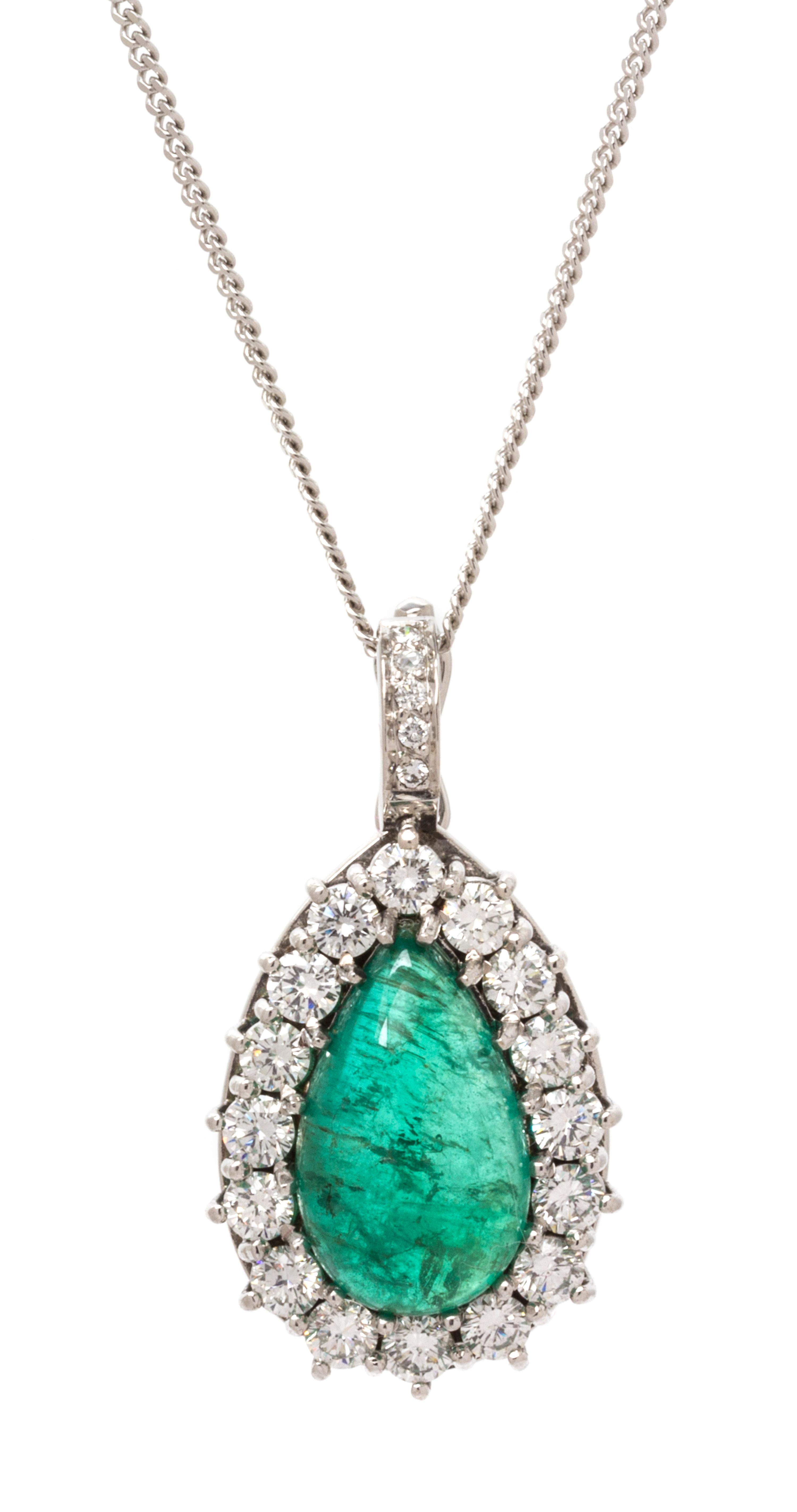 A White Gold, Emerald and Diamond Pendant/Necklace, 7.65 dwts.