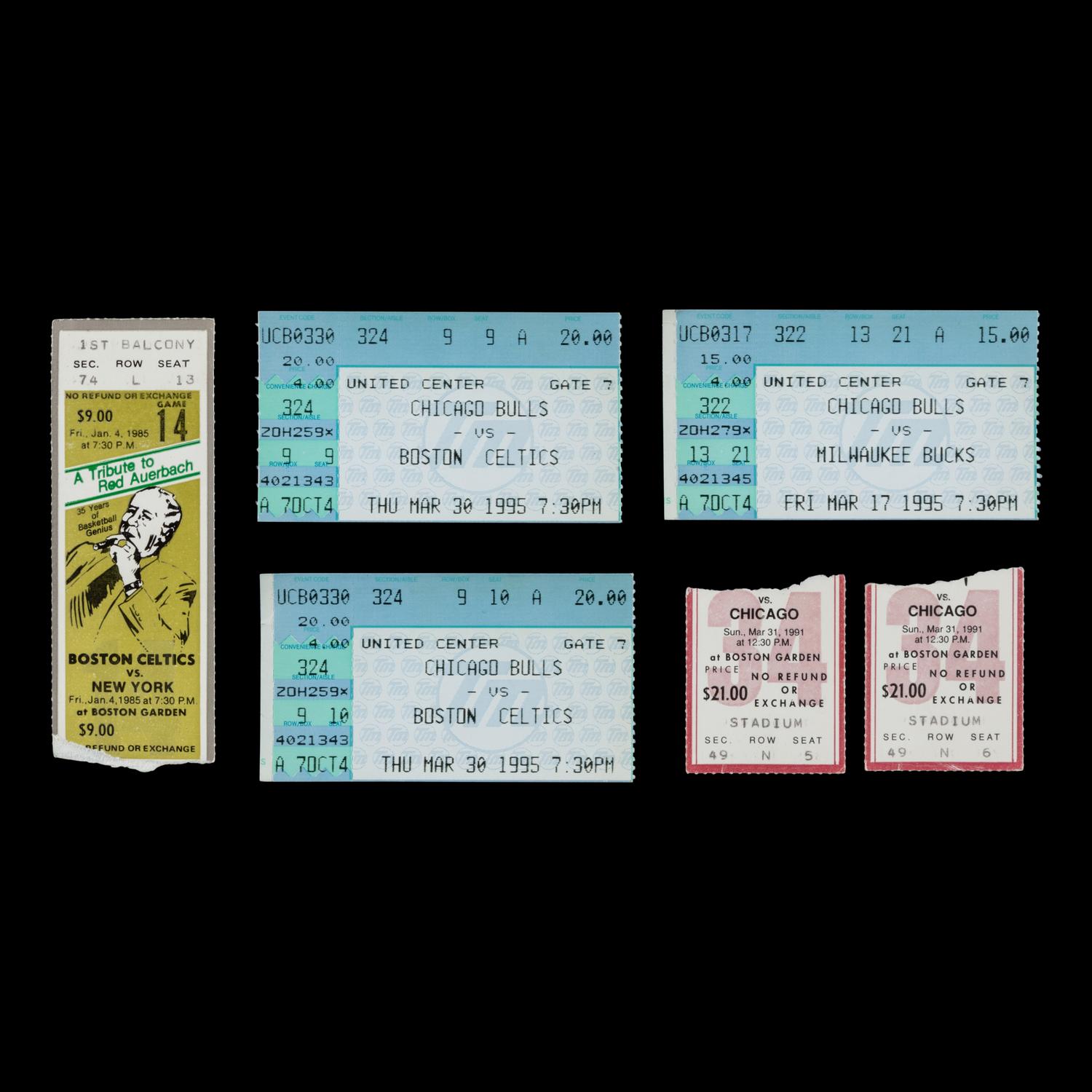 A Collection of Michael Jordan Chicago Bulls Tickets and 1985 Red Auerbach Tribute Ticket