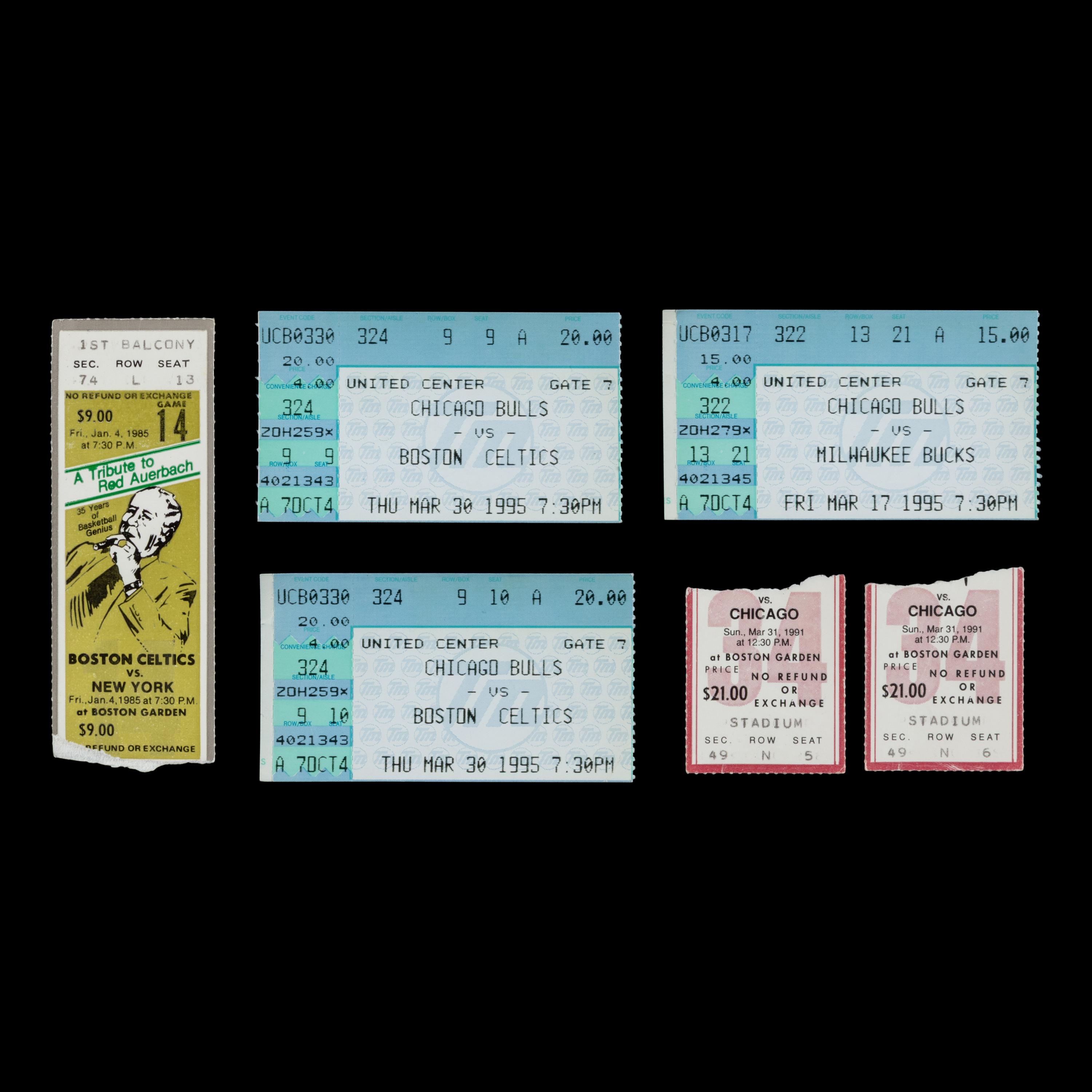 A Collection of Michael Jordan Chicago Bulls Tickets and 1985 Red Auerbach Tribute Ticket