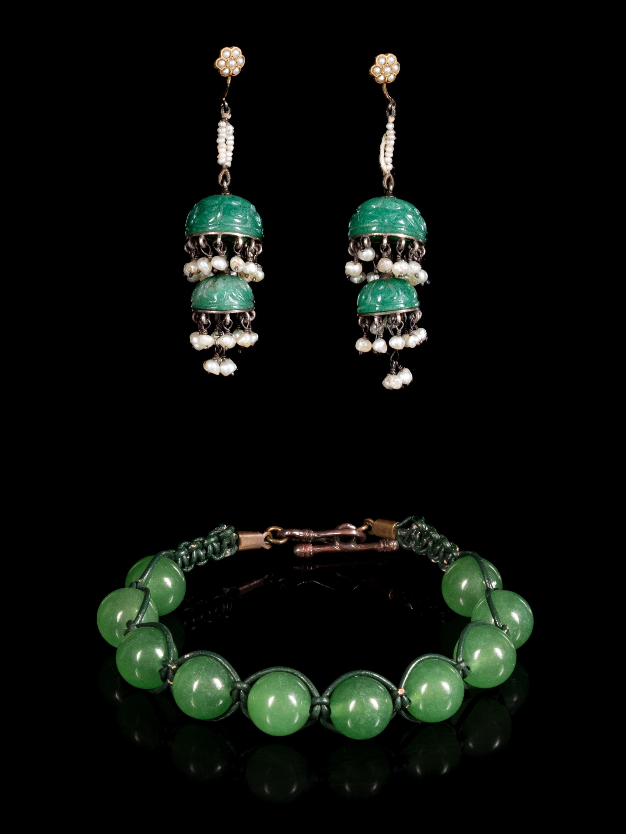 A Pair of Chinese Jadeite and Gold Earrings and a Jadeite Bracelet