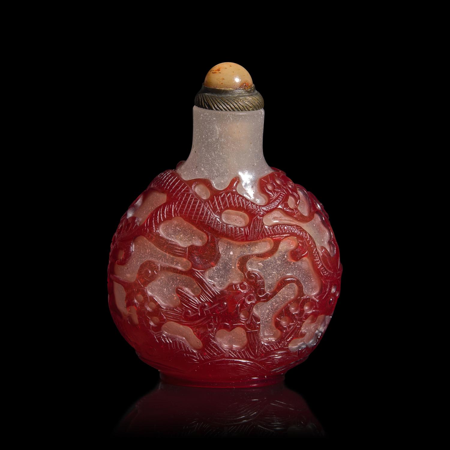 A Chinese Ruby Overlay Glass "Dragons" Snuff Bottle