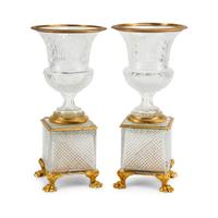 A Pair of Empire Style Gilt Bronze Mounted Cut Glass Campagna Urns