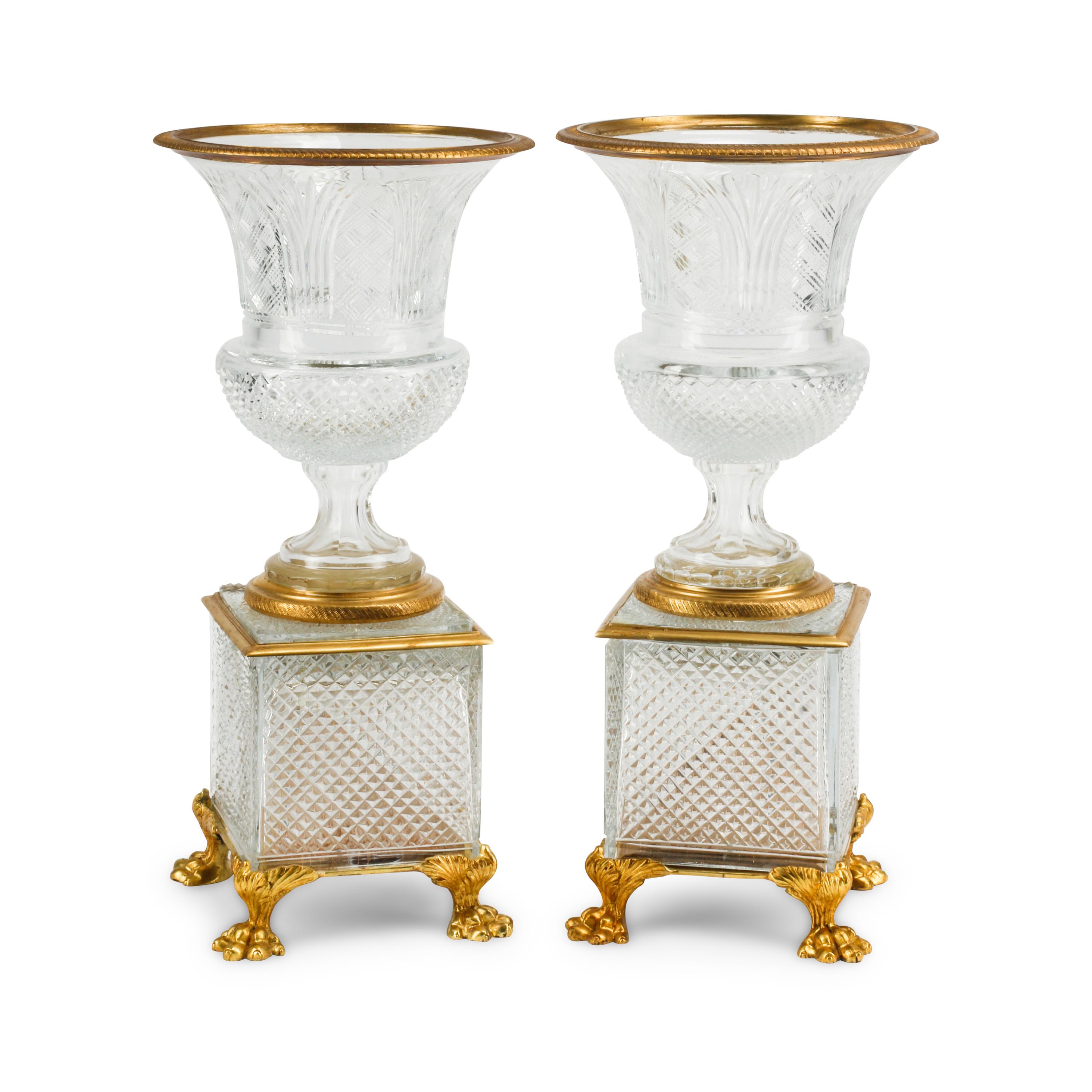 A Pair of Empire Style Gilt Bronze Mounted Cut Glass Campagna Urns