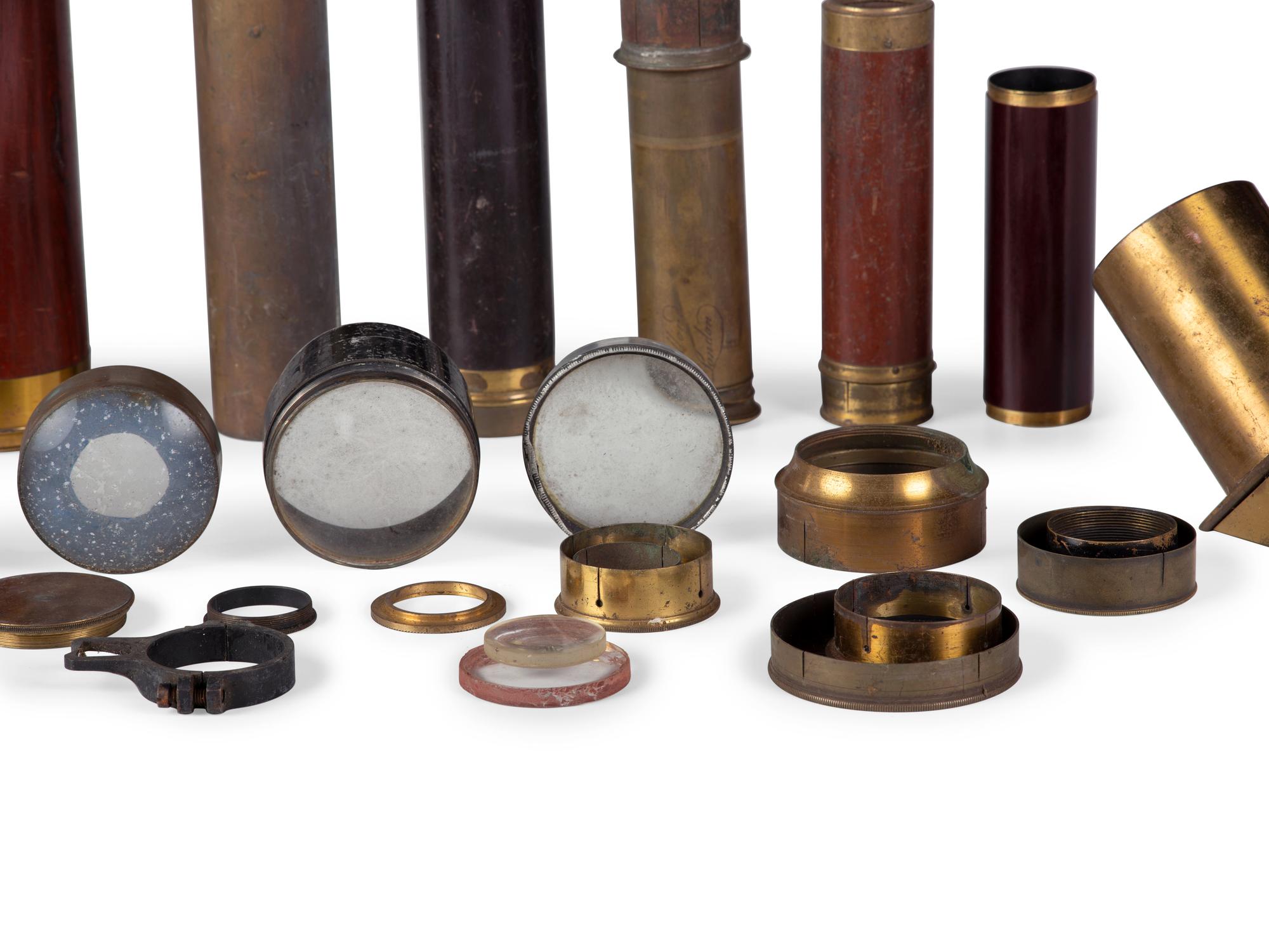 A group of 25 items, highlighted by handheld telescopes, found in the workshop of George W. Fitz, Peconic, New York.