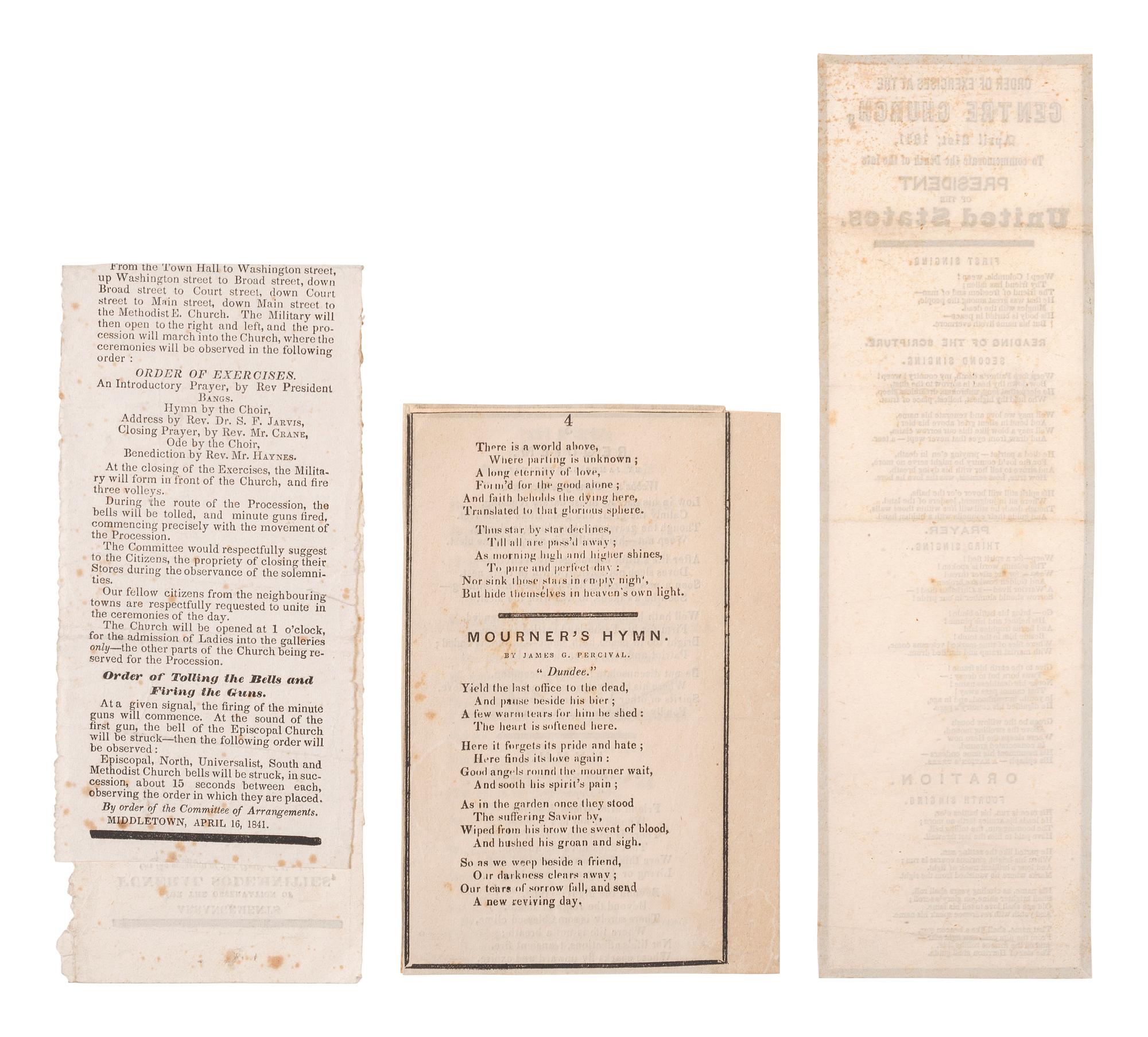 [HARRISON, William Henry]. A group of broadsides, handbills, and manuscripts related to the funeral of William Henry Harrison.