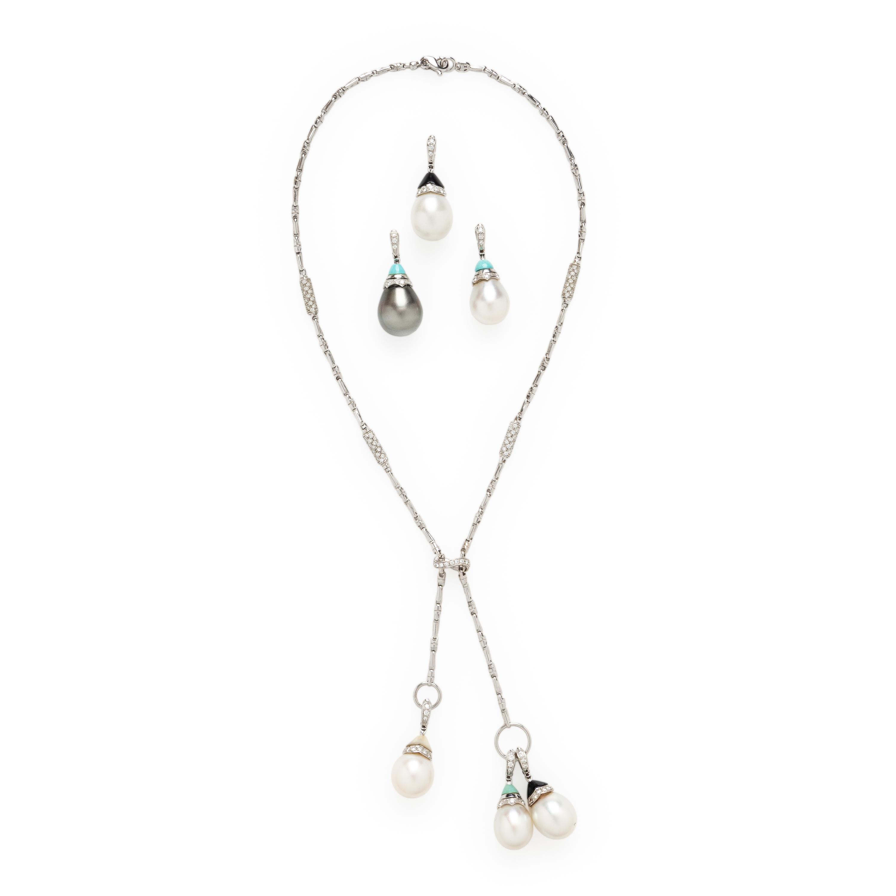 Ellagem, White Gold and Diamond Lariat Necklace with Six Interchangeable Cultured Pearl Drops