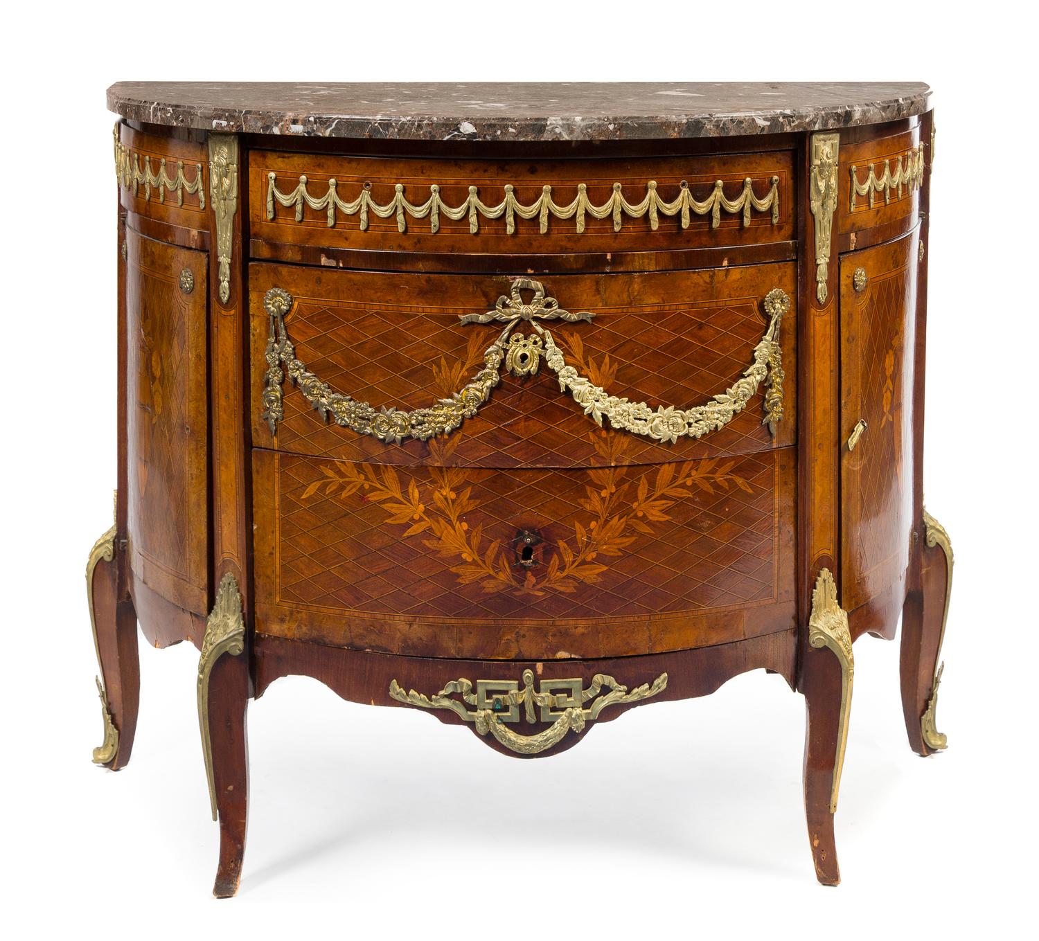 A Louis XV/XVI Transitional Style Gilt Bronze Mounted Parquetry and Marquetry Commode Height 36 x width 44 x depth 20 inches. — LATE 19TH CENTURY