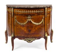 A Louis XV/XVI Transitional Style Gilt Bronze Mounted Parquetry and Marquetry Commode Height 36 x width 44 x depth 20 inches. — LATE 19TH CENTURY