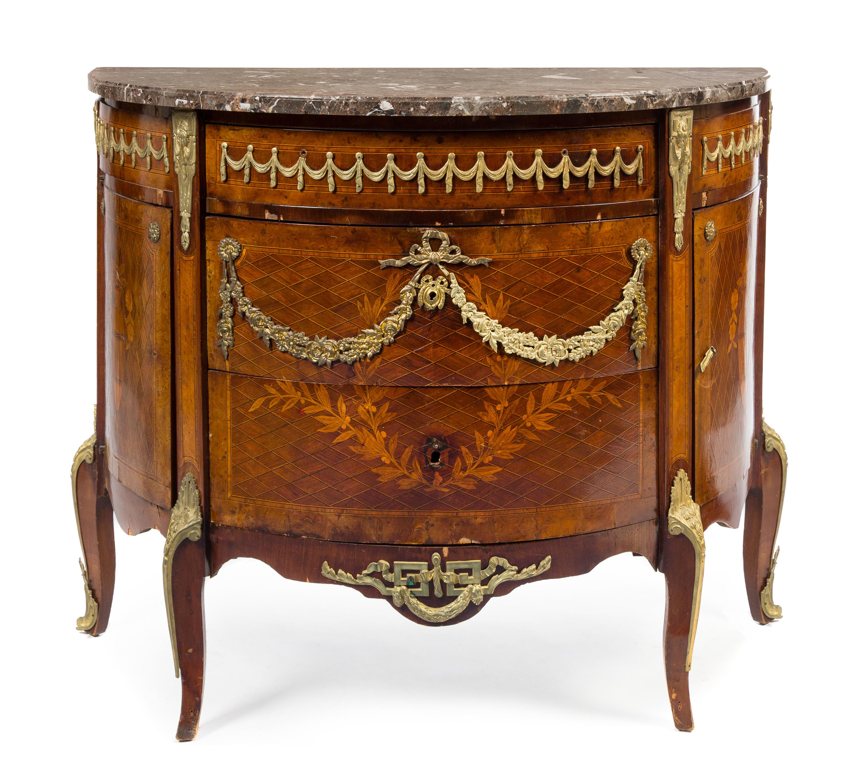 A Louis XV/XVI Transitional Style Gilt Bronze Mounted Parquetry and Marquetry Commode Height 36 x width 44 x depth 20 inches. — LATE 19TH CENTURY