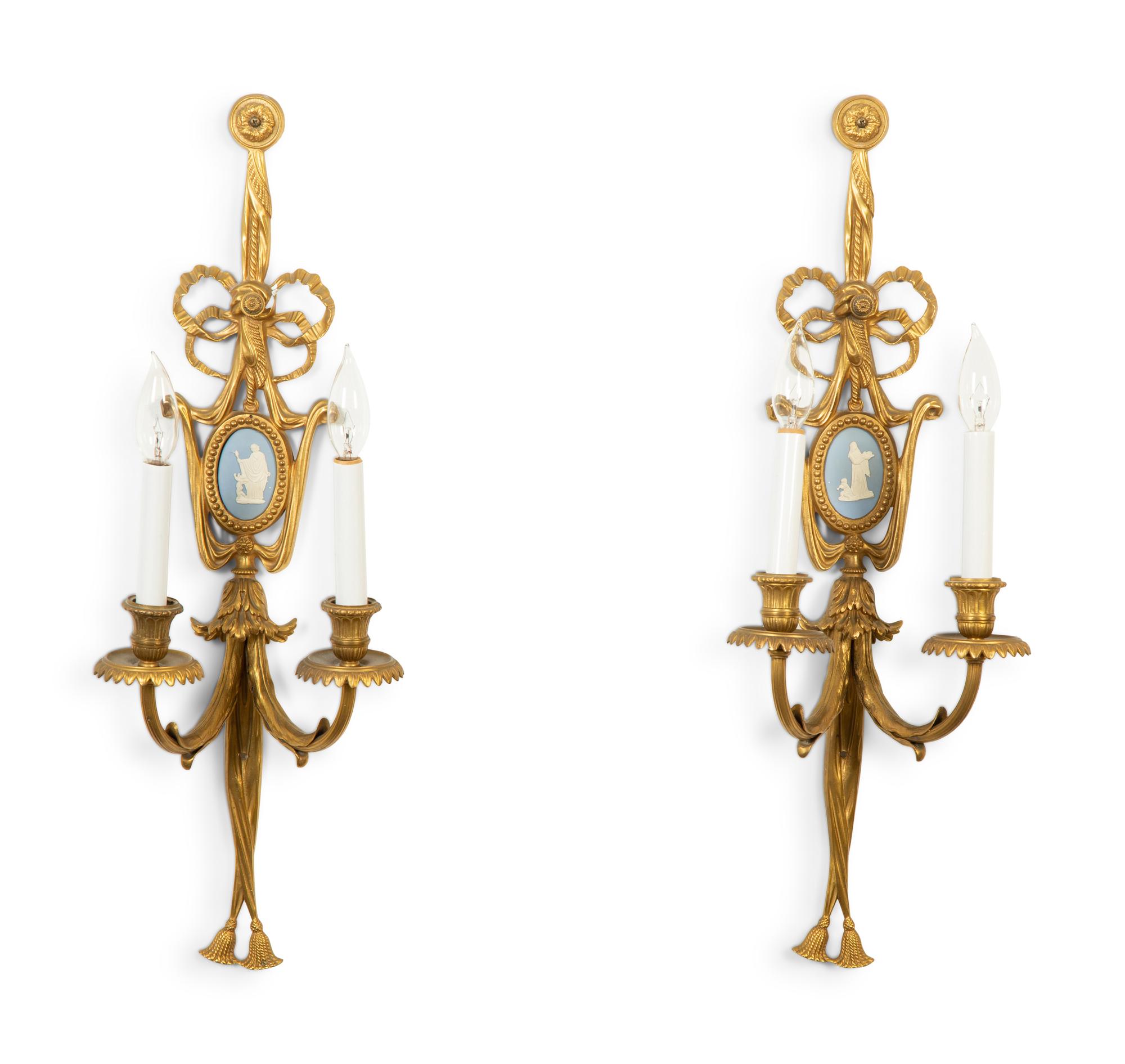 A Pair of Gilt Metal Two-Light Wall Appliques