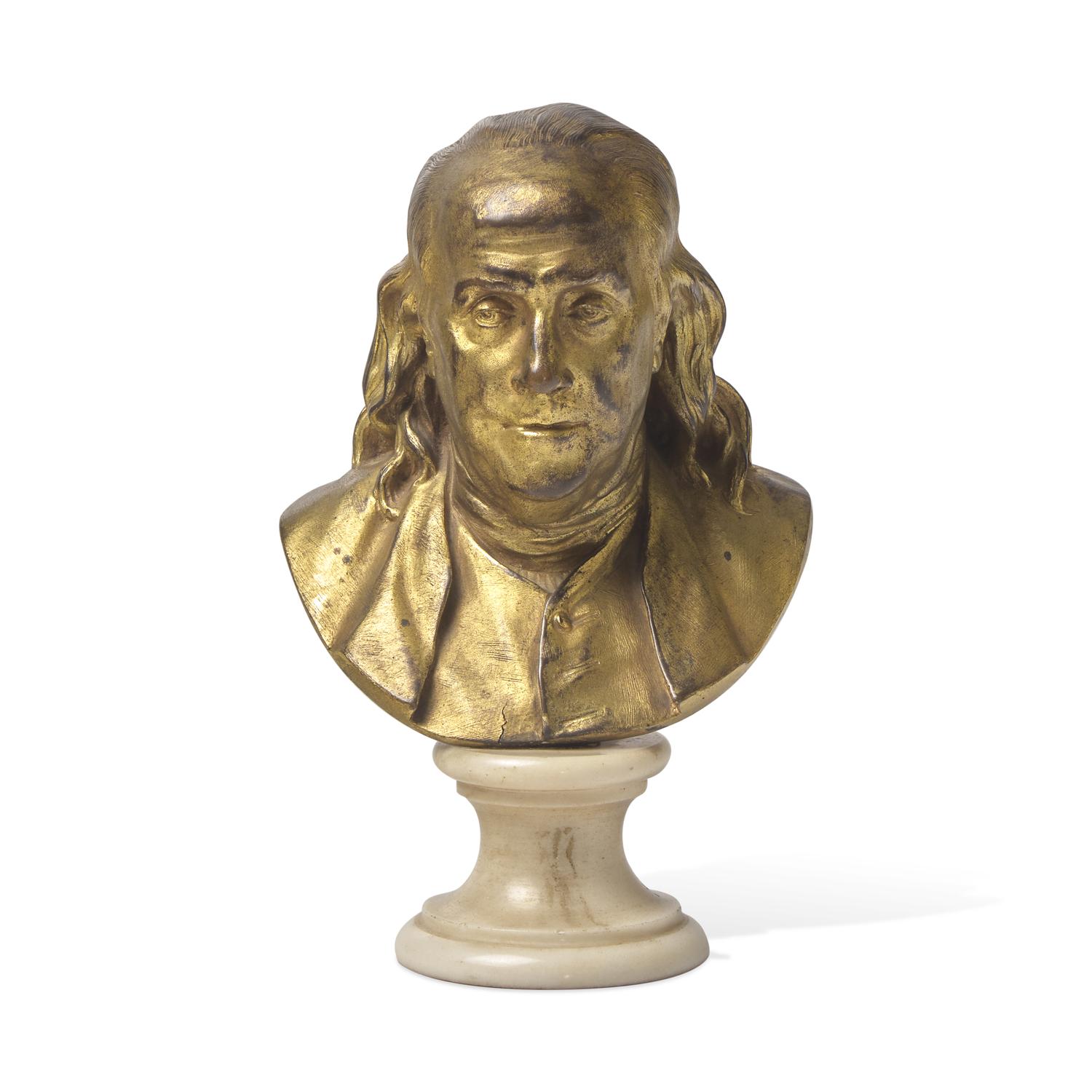 A French Gilt Bronze Bust of Benjamin Franklin, After the Example by Jean-Antoine Houdon (French, 1741-1828)