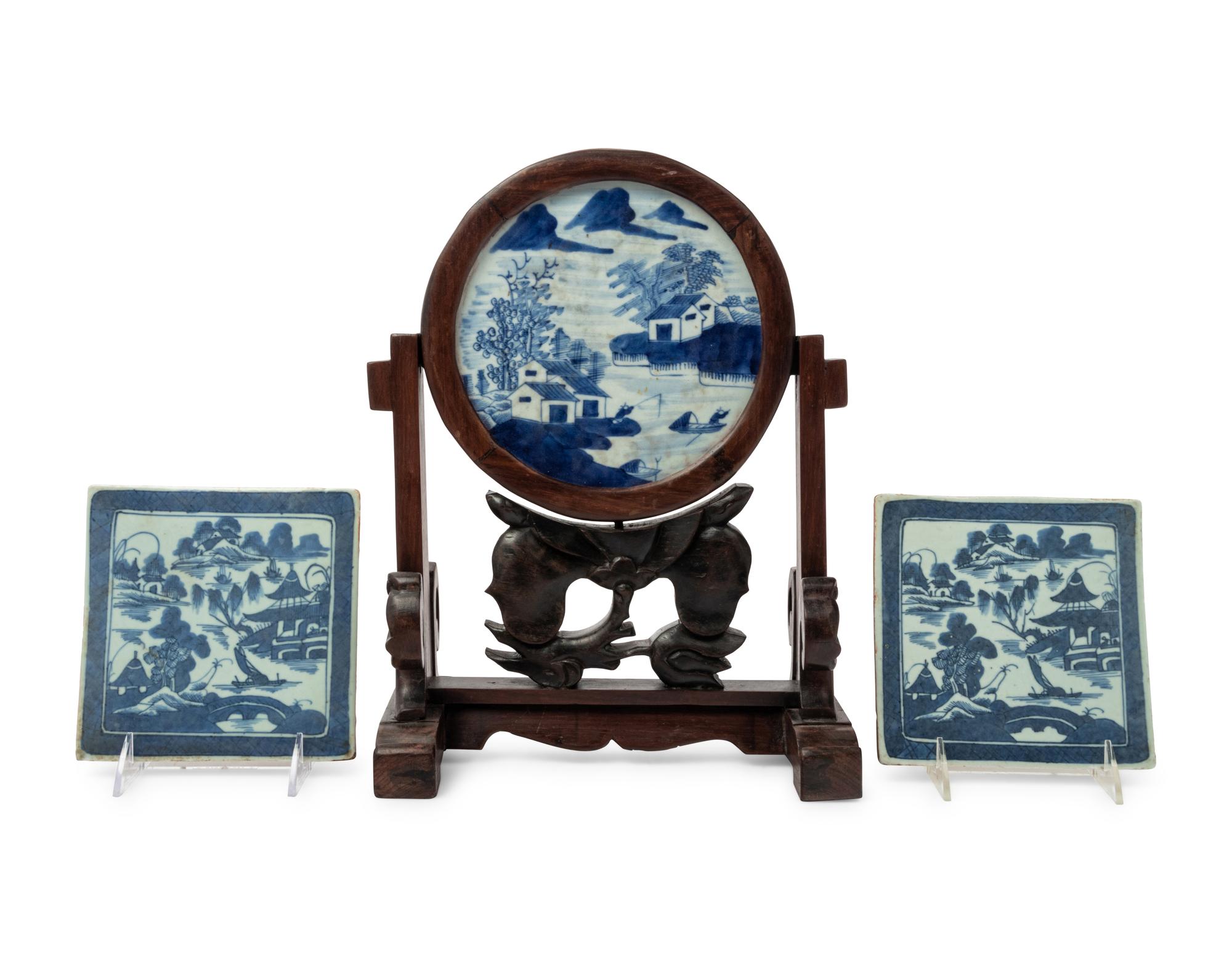 Three Chinese Export Canton Blue and White Porcelain Plaques