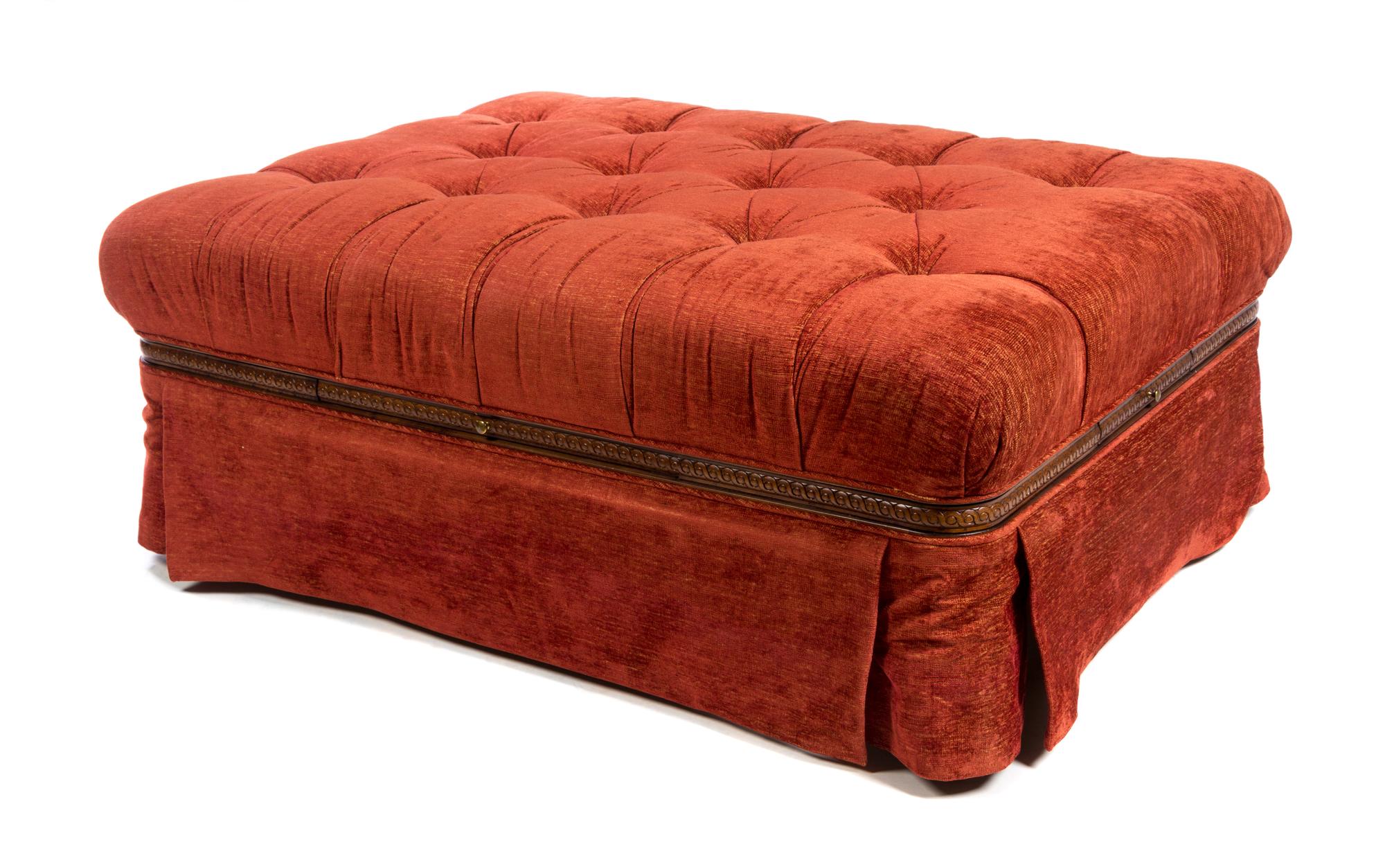 A Button Tufted Upholstered Ottoman Height 20 x width 50 x depth 37 inches.