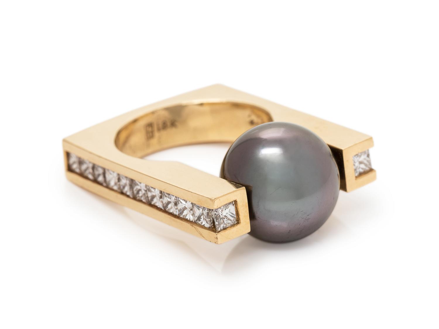 An 18 Karat Yellow Gold, Cultured Tahitian Pearl and Diamond Ring,
