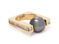 An 18 Karat Yellow Gold, Cultured Tahitian Pearl and Diamond Ring,
