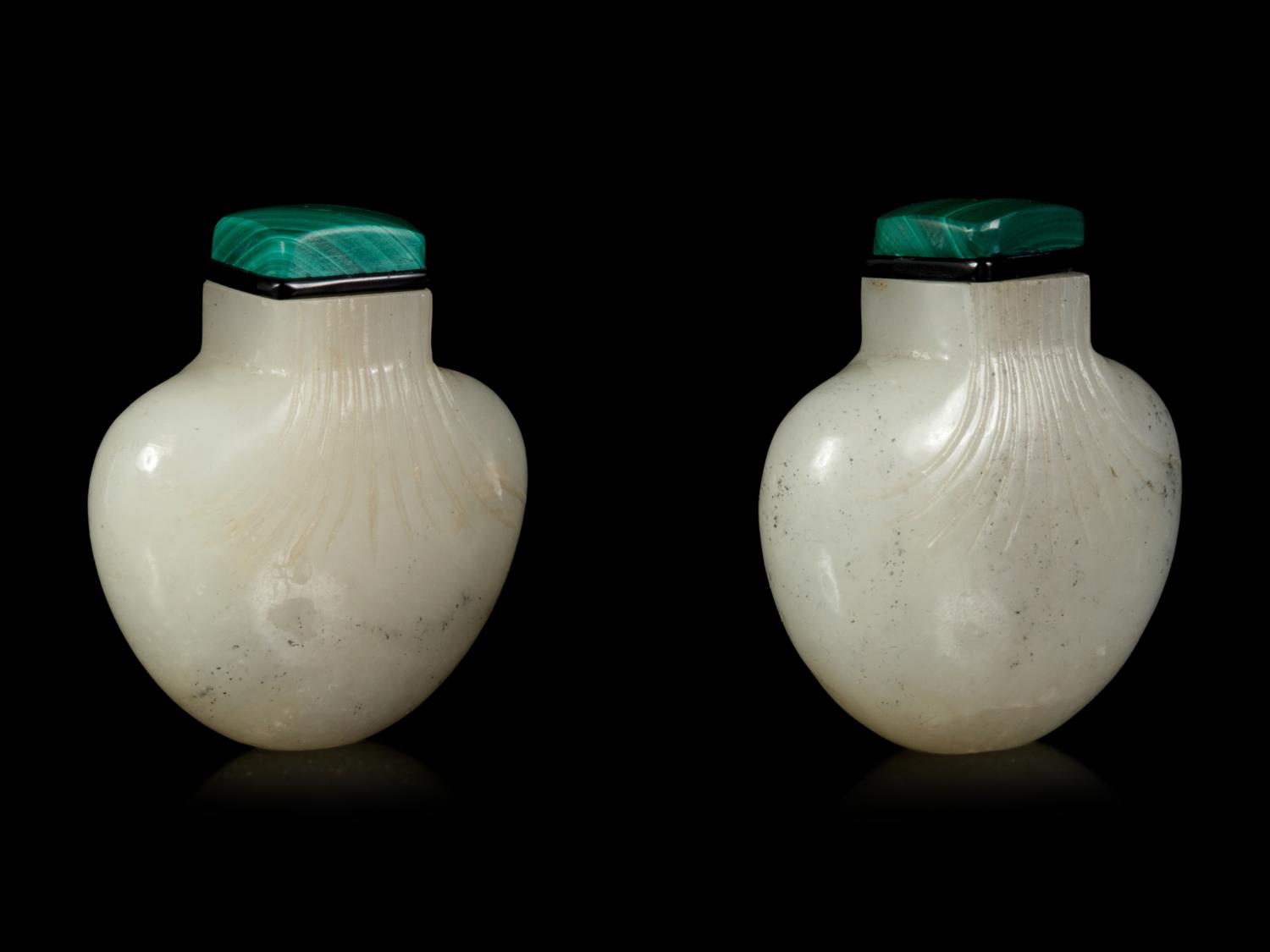 A Pair of White Jade Purse-Form Snuff Bottles