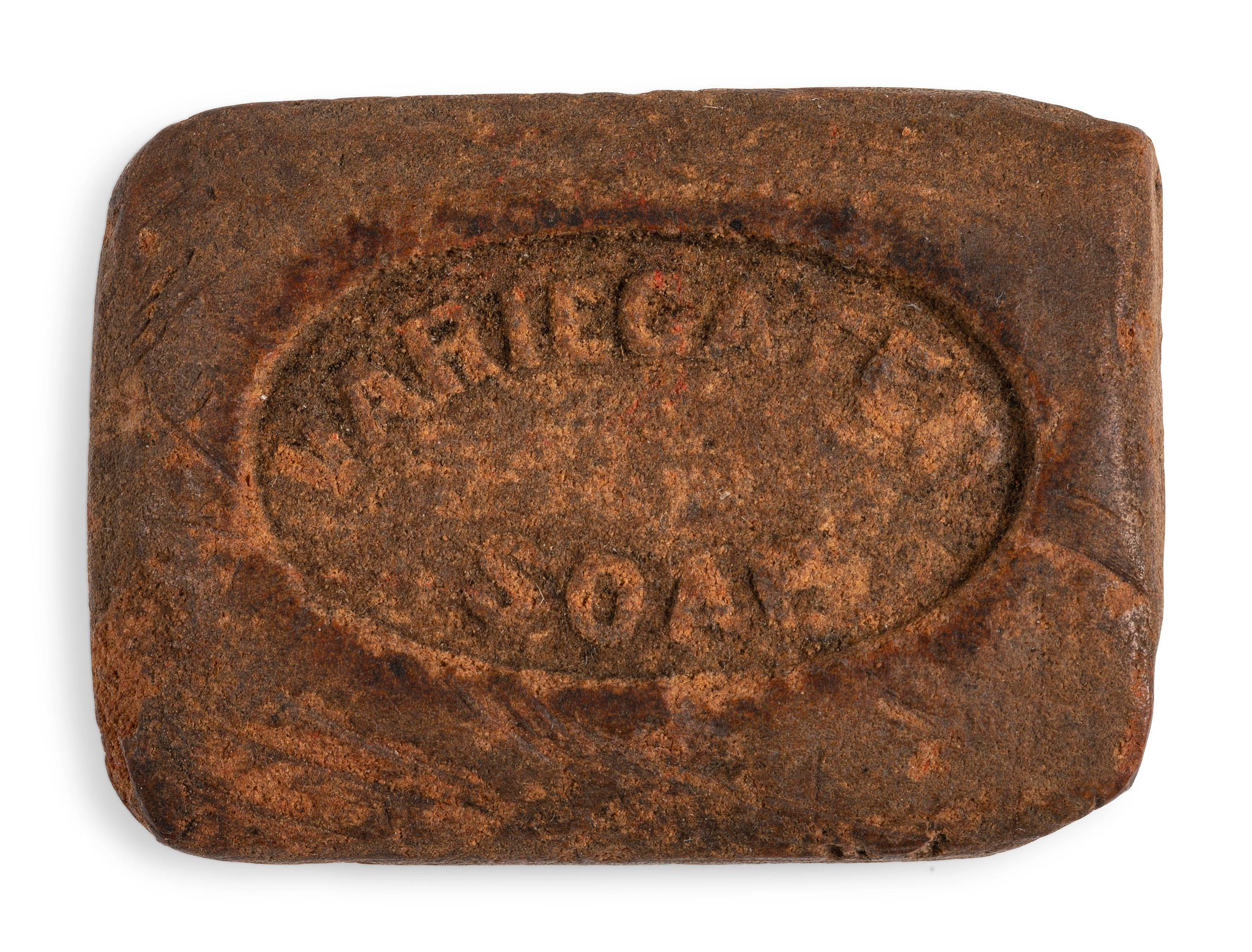 Civil War-period soap container with soap.
