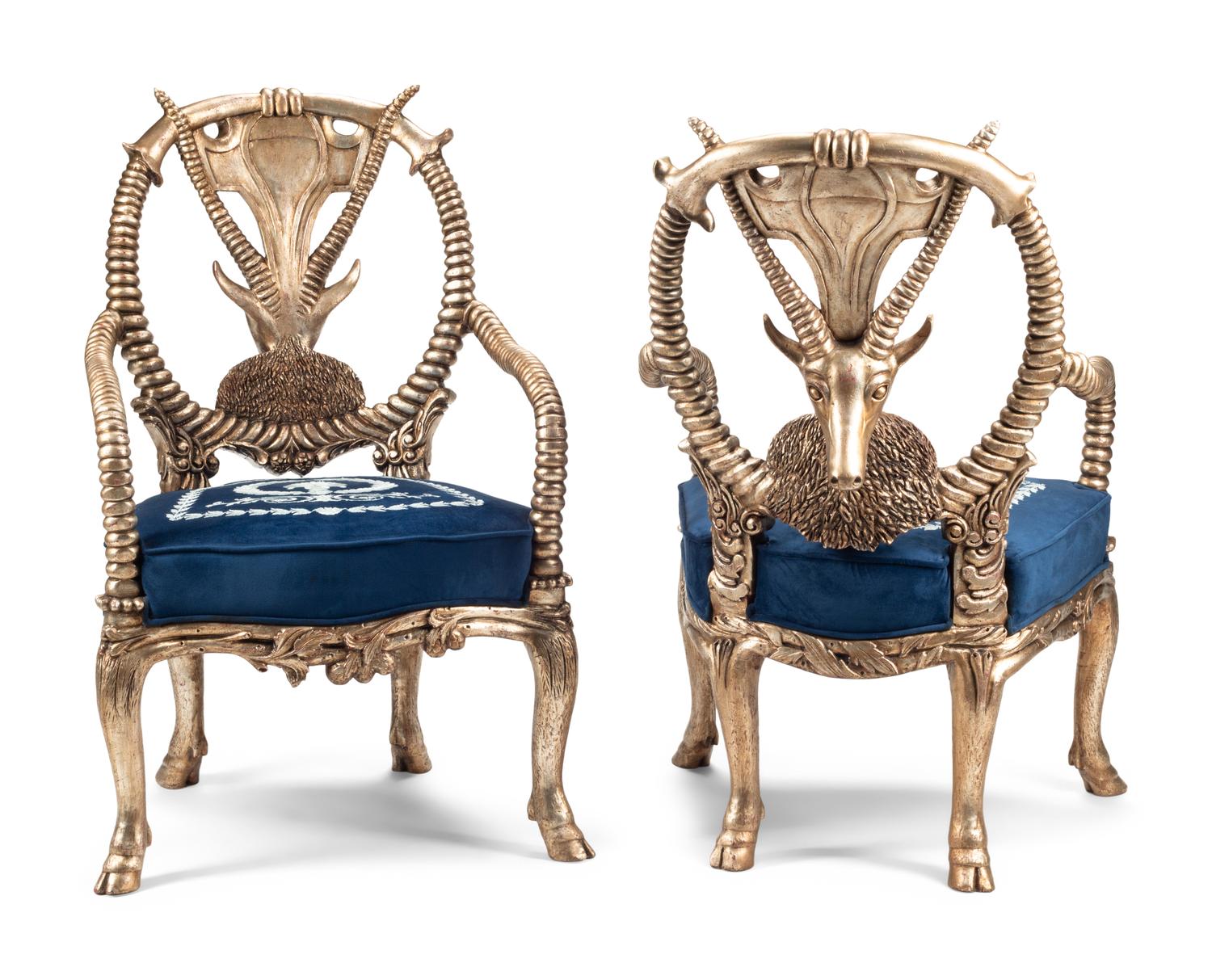 A Pair of Silvered Carved Wood “Fantasy” Armchairs