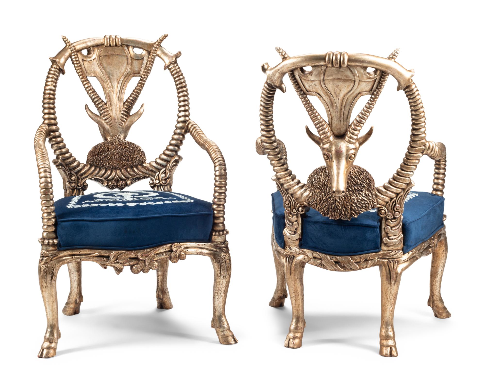 A Pair of Silvered Carved Wood “Fantasy” Armchairs