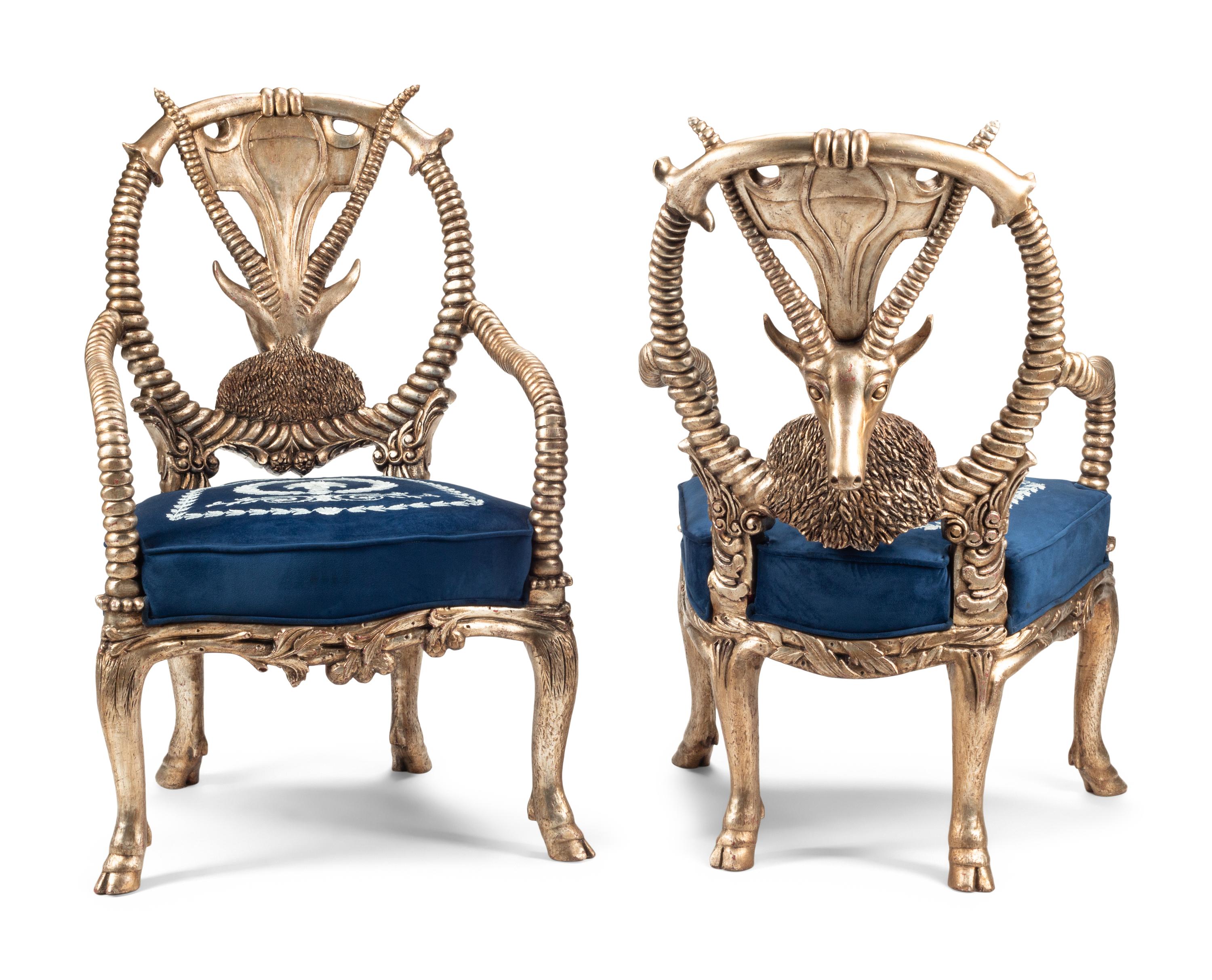 A Pair of Silvered Carved Wood “Fantasy” Armchairs