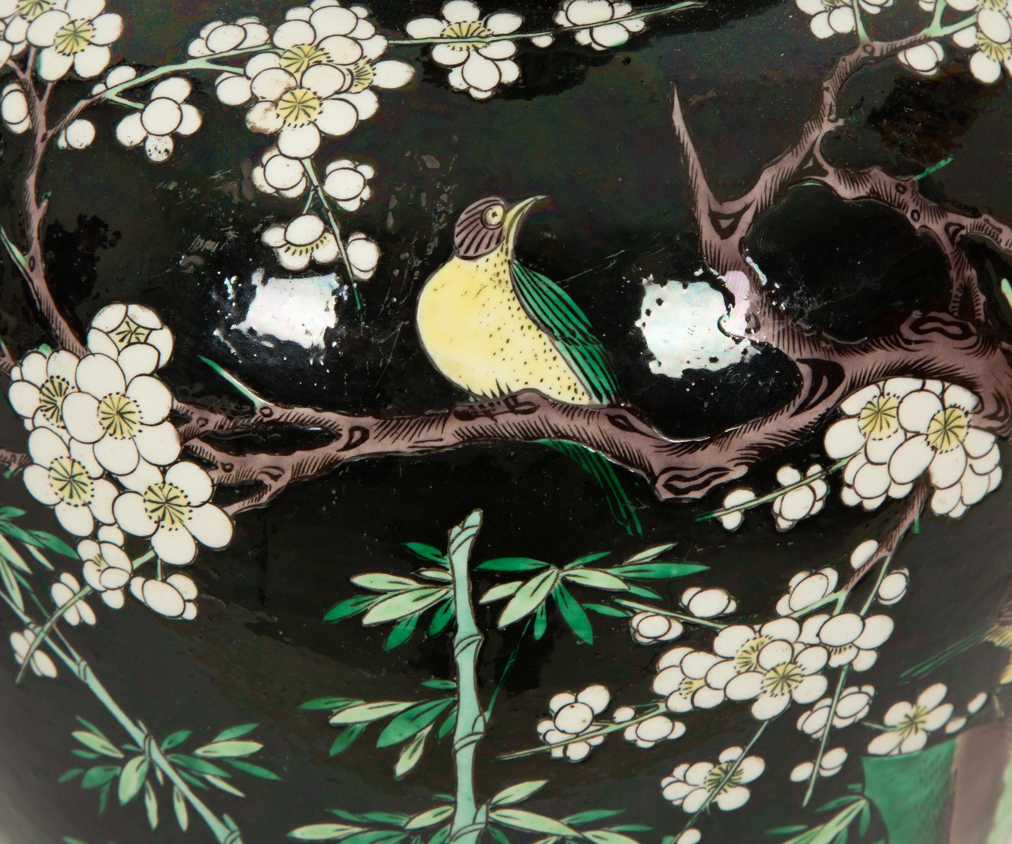 A Pair of Chinese Famille Noir Porcelain Covered Jars Now Mounted as Lamps