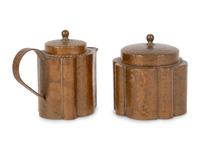 A Joseph Heinrichs Hammered Copper on Silver Creamer and Sugar