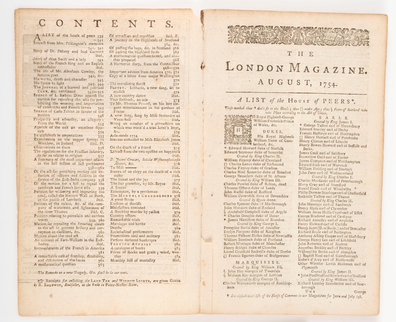 [FRENCH & INDIAN WAR - BATTLE OF JUMONVILLE GLEN]. The London Magazine: Or, Gentleman's Monthly Intelligencer . London: R. Baldwin, August 1754.