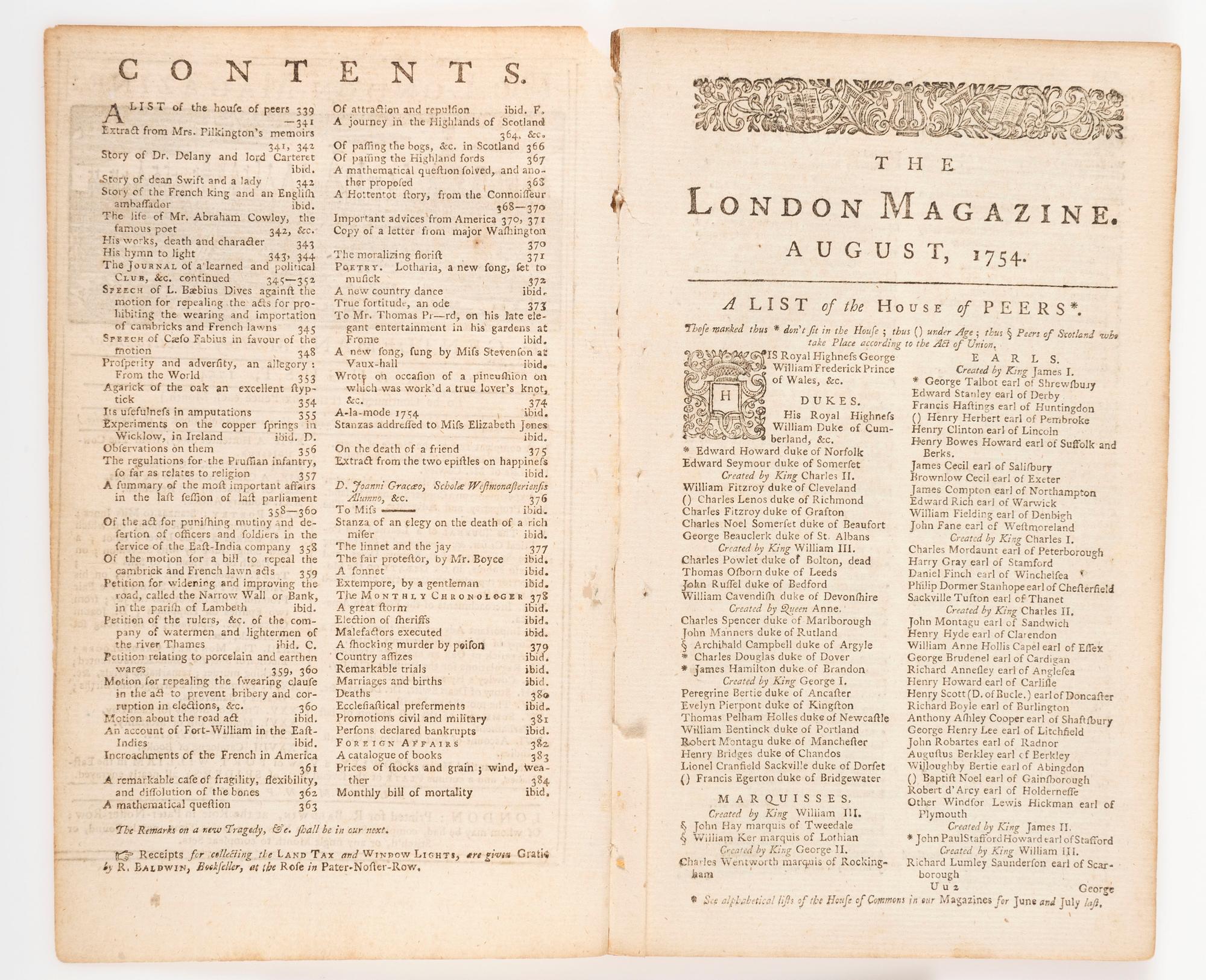 [FRENCH & INDIAN WAR - BATTLE OF JUMONVILLE GLEN]. The London Magazine: Or, Gentleman's Monthly Intelligencer . London: R. Baldwin, August 1754.